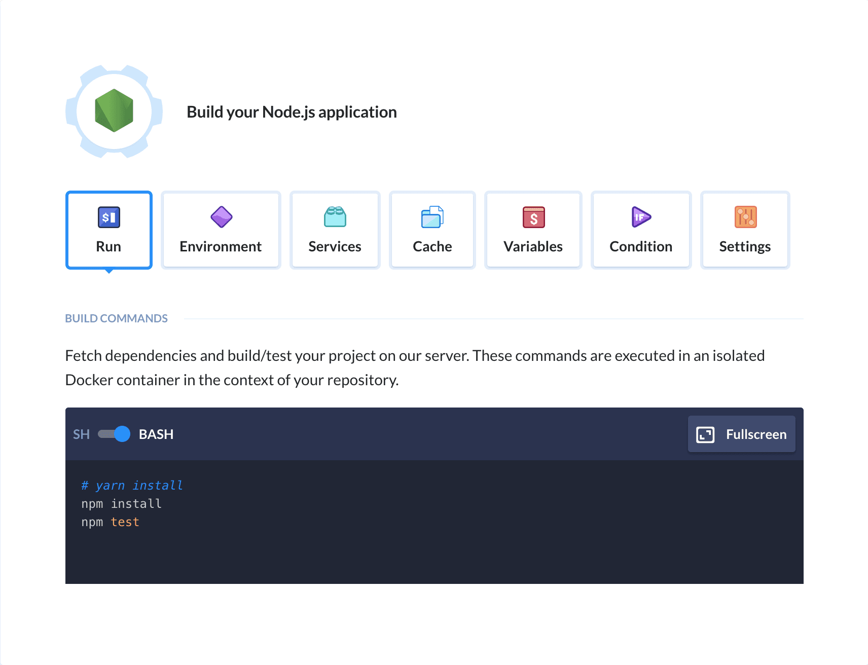 Preview Node.js action, tab Run