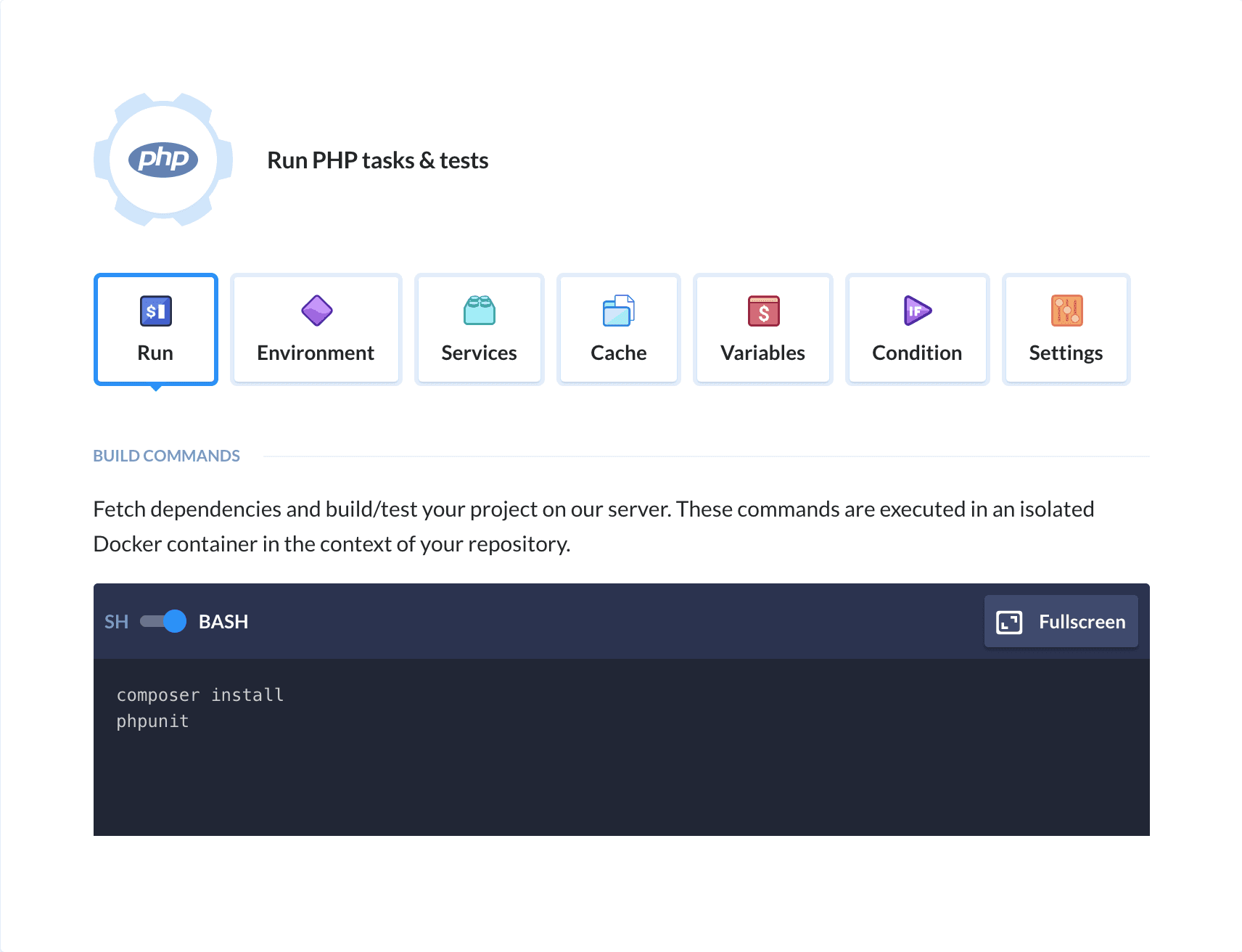 Preview PHP action, tab Run