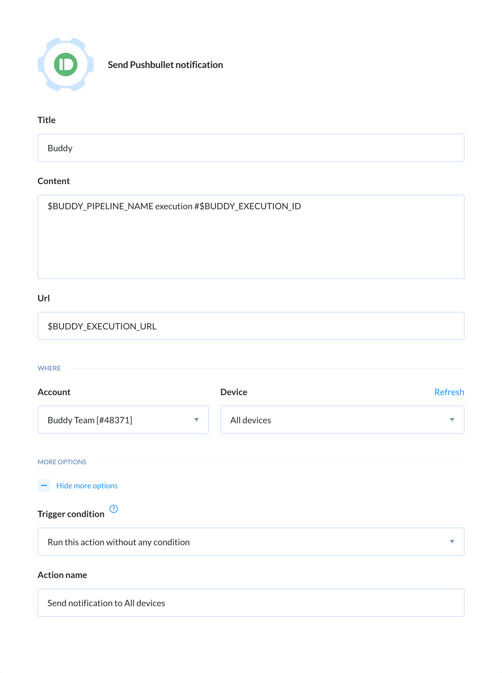 Preview Pushbullet action, tab Setup