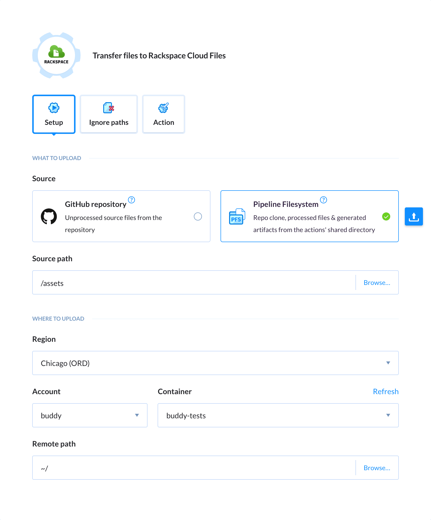 Preview Rackspace action, tab Setup