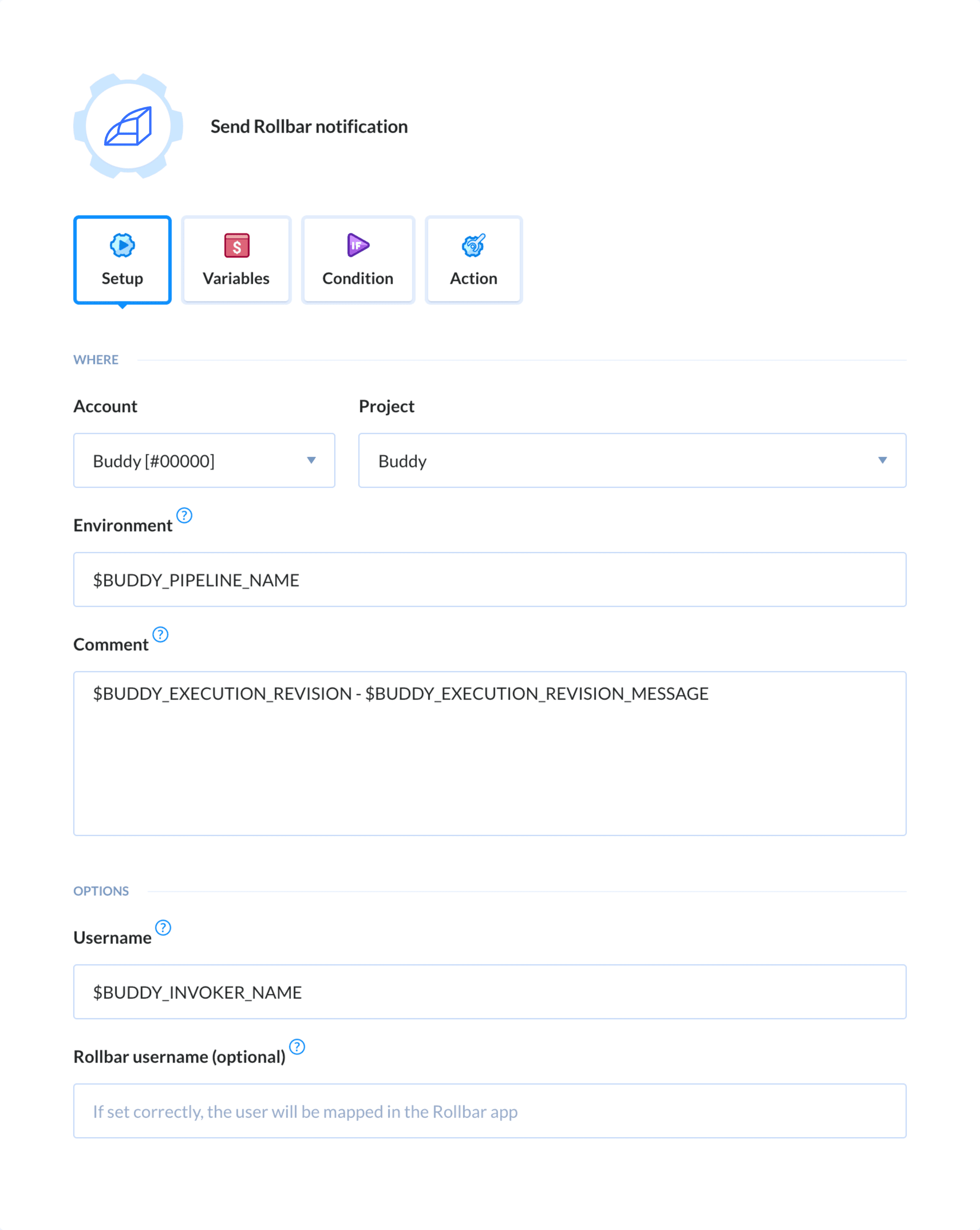 Preview Rollbar action, tab Setup