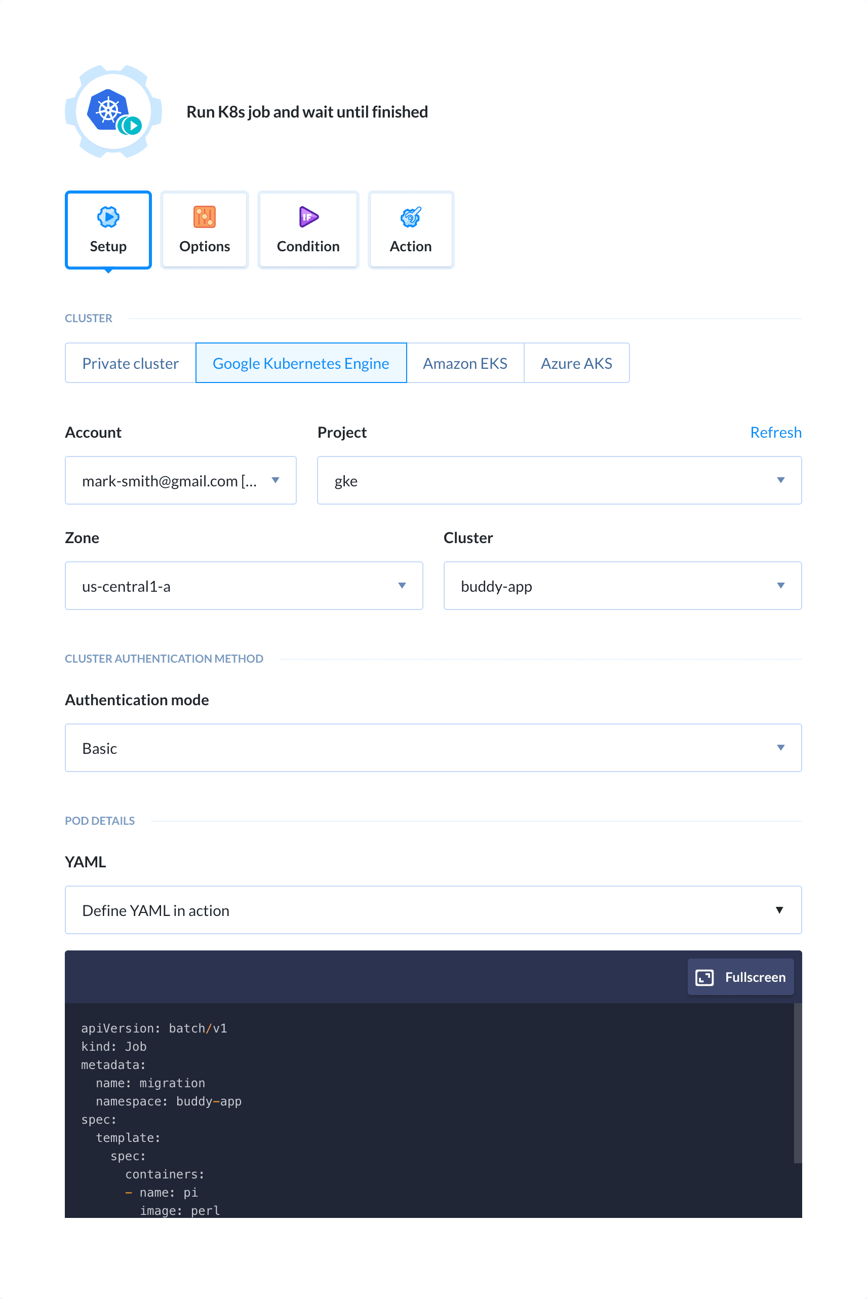 Preview Run Kubernetes Job action, tab Setup
