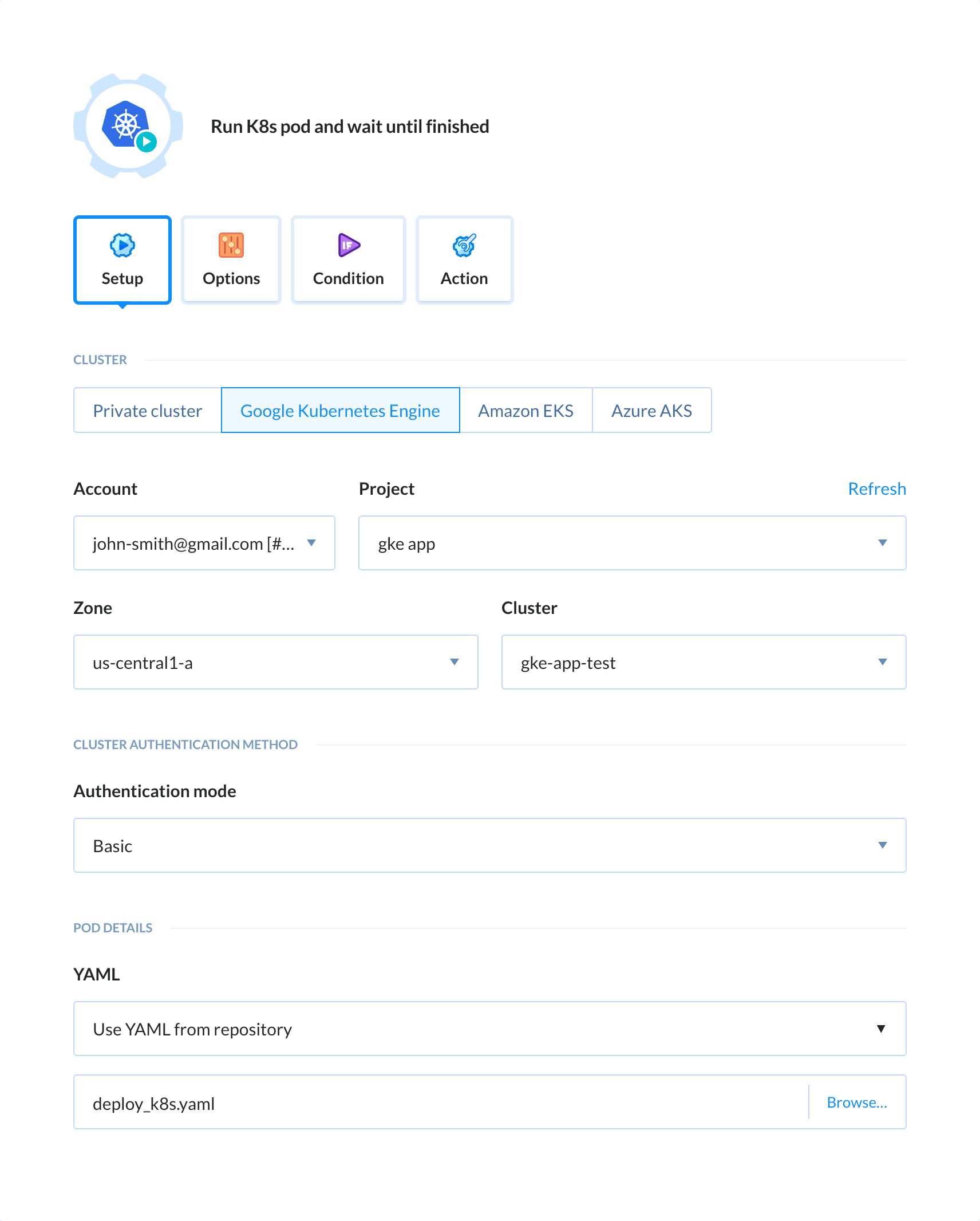 Preview Run Kubernetes Pod action, tab Setup