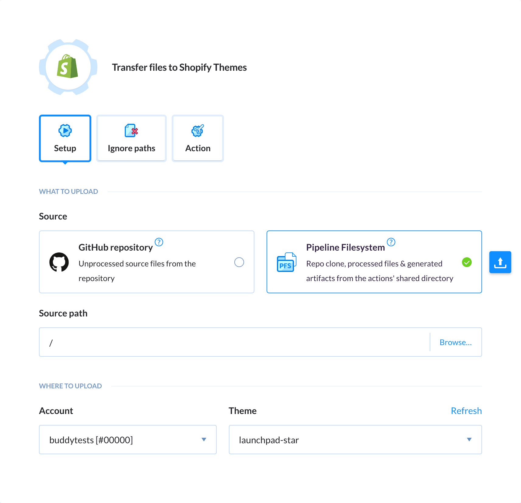 Preview Shopify action, tab Setup