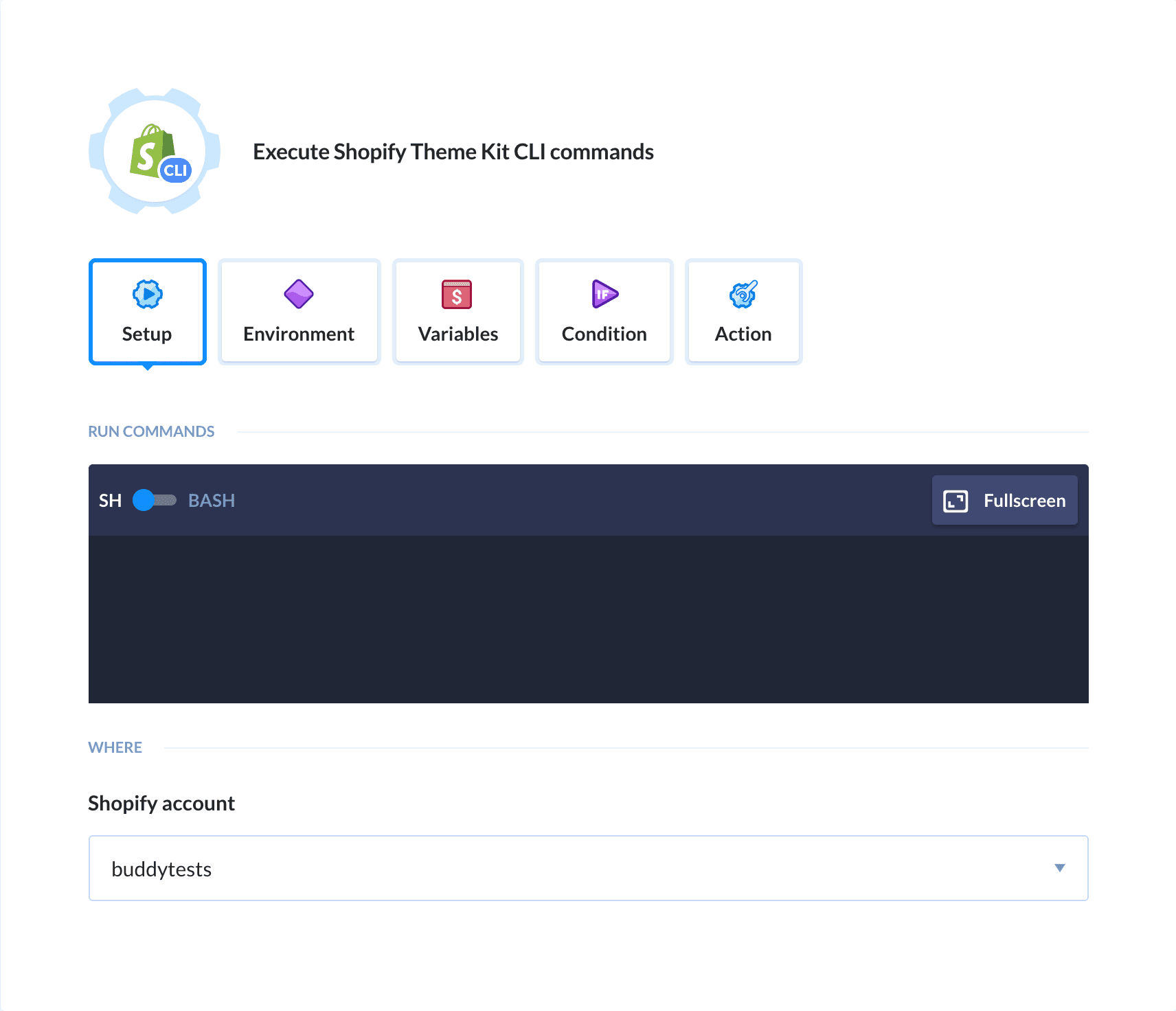 Preview Shopify Theme Kit CLI action, tab Setup