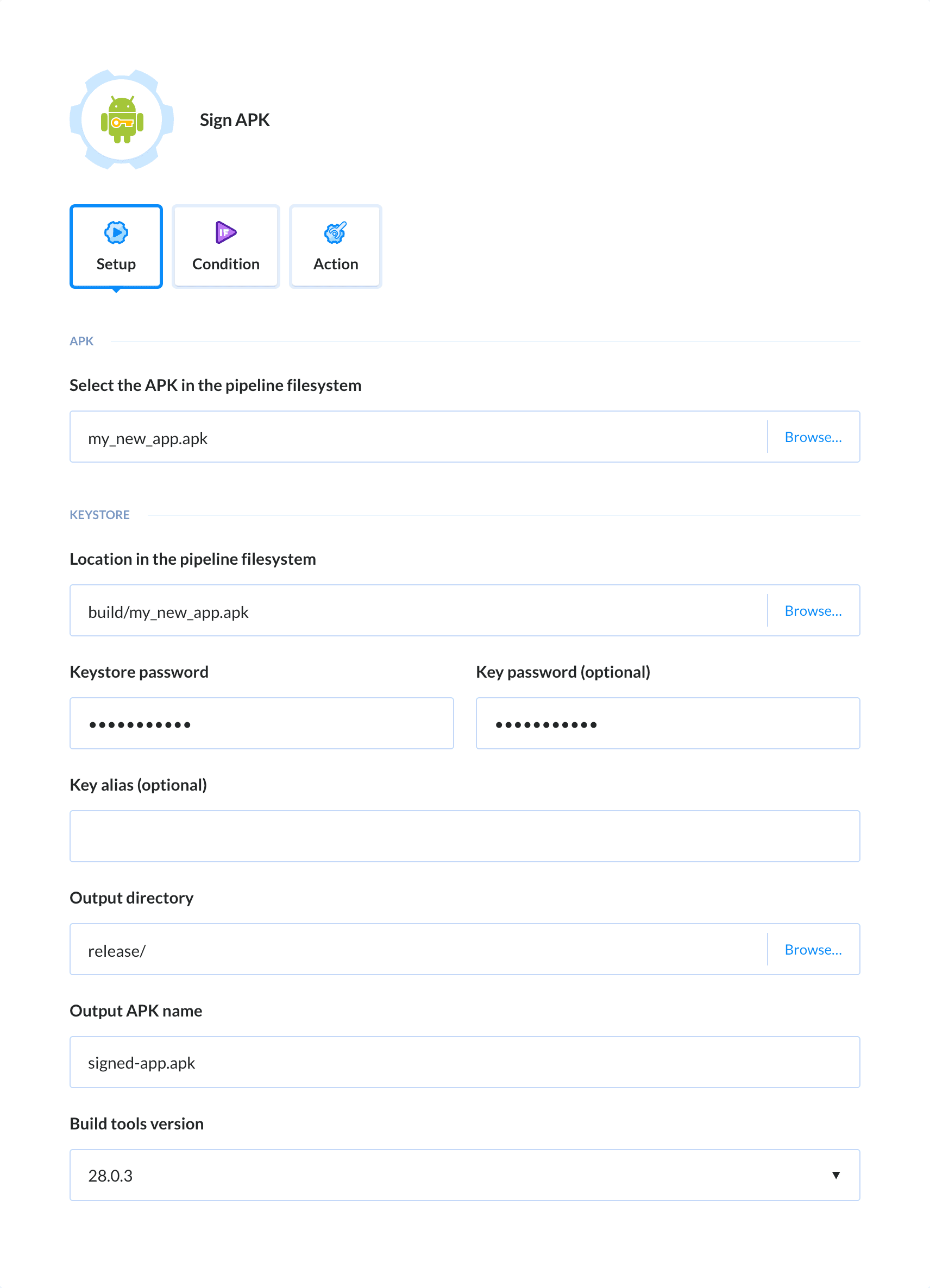 Preview Sign APK action, tab Setup