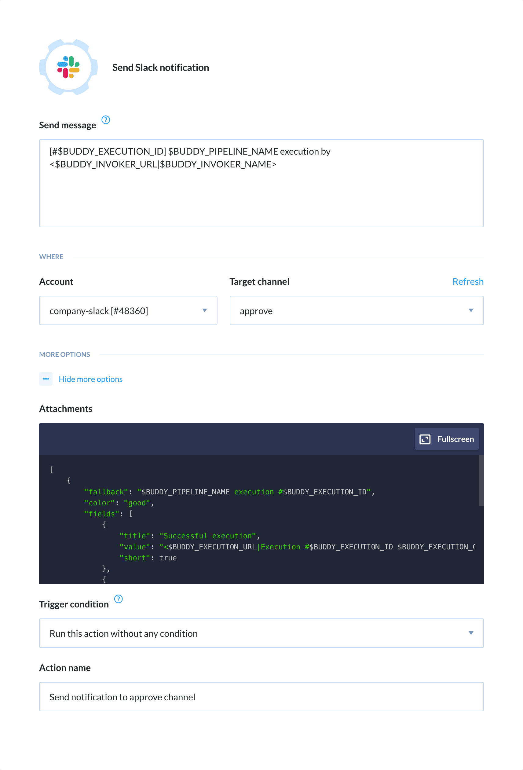 Preview Slack action, tab Setup