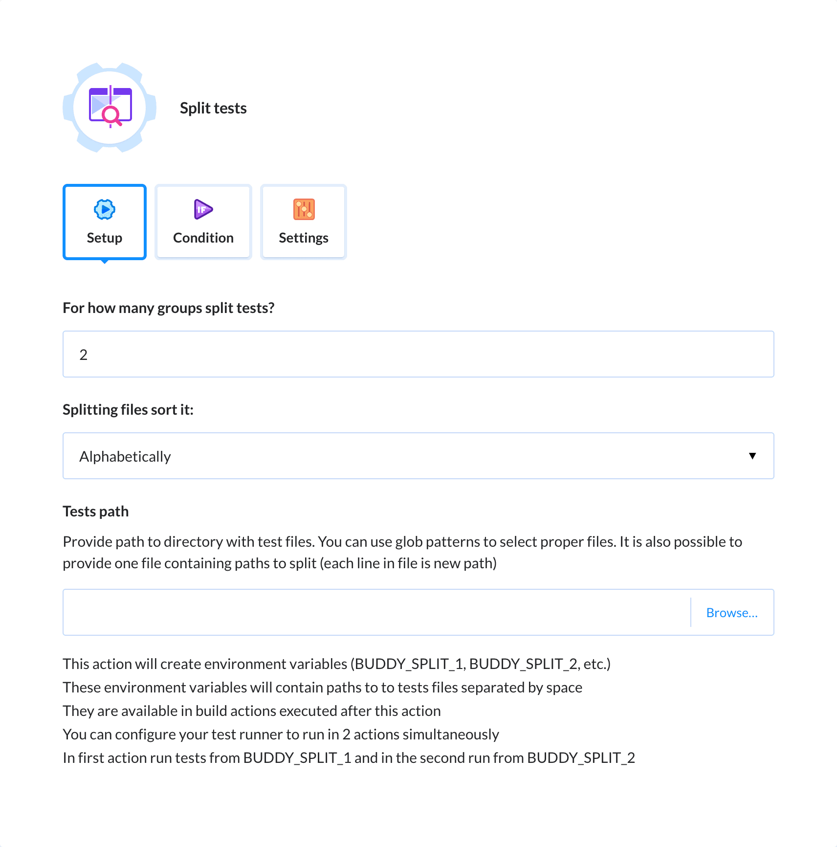 Preview Split Test Files action, tab Setup