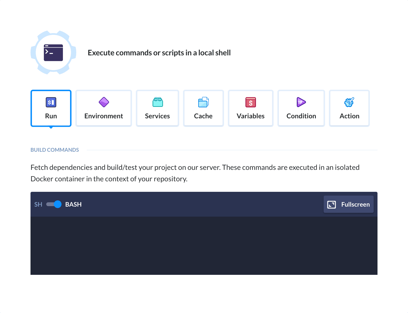 Preview Local Shell action, tab Run