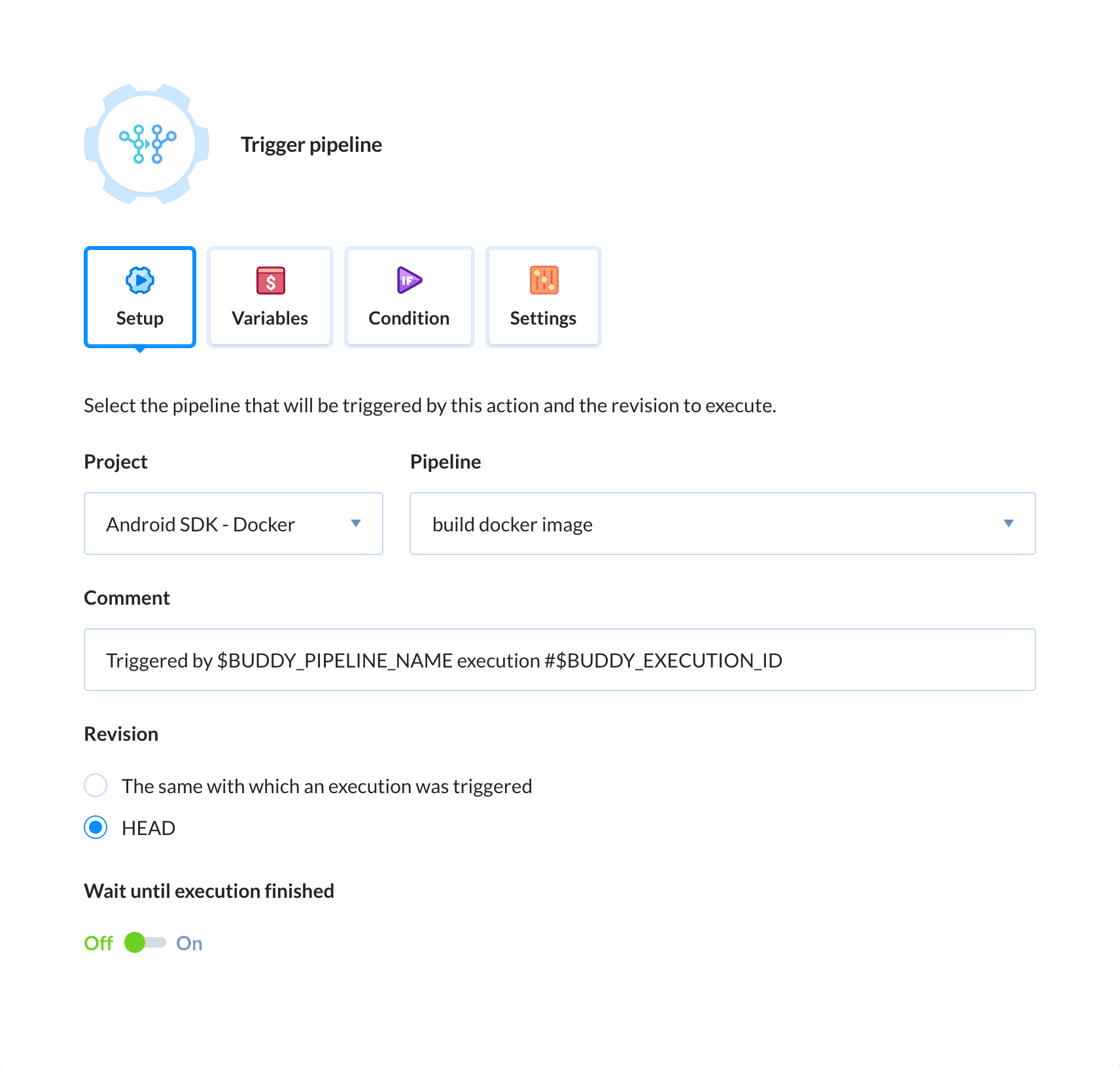 Preview Trigger pipeline action, tab Setup