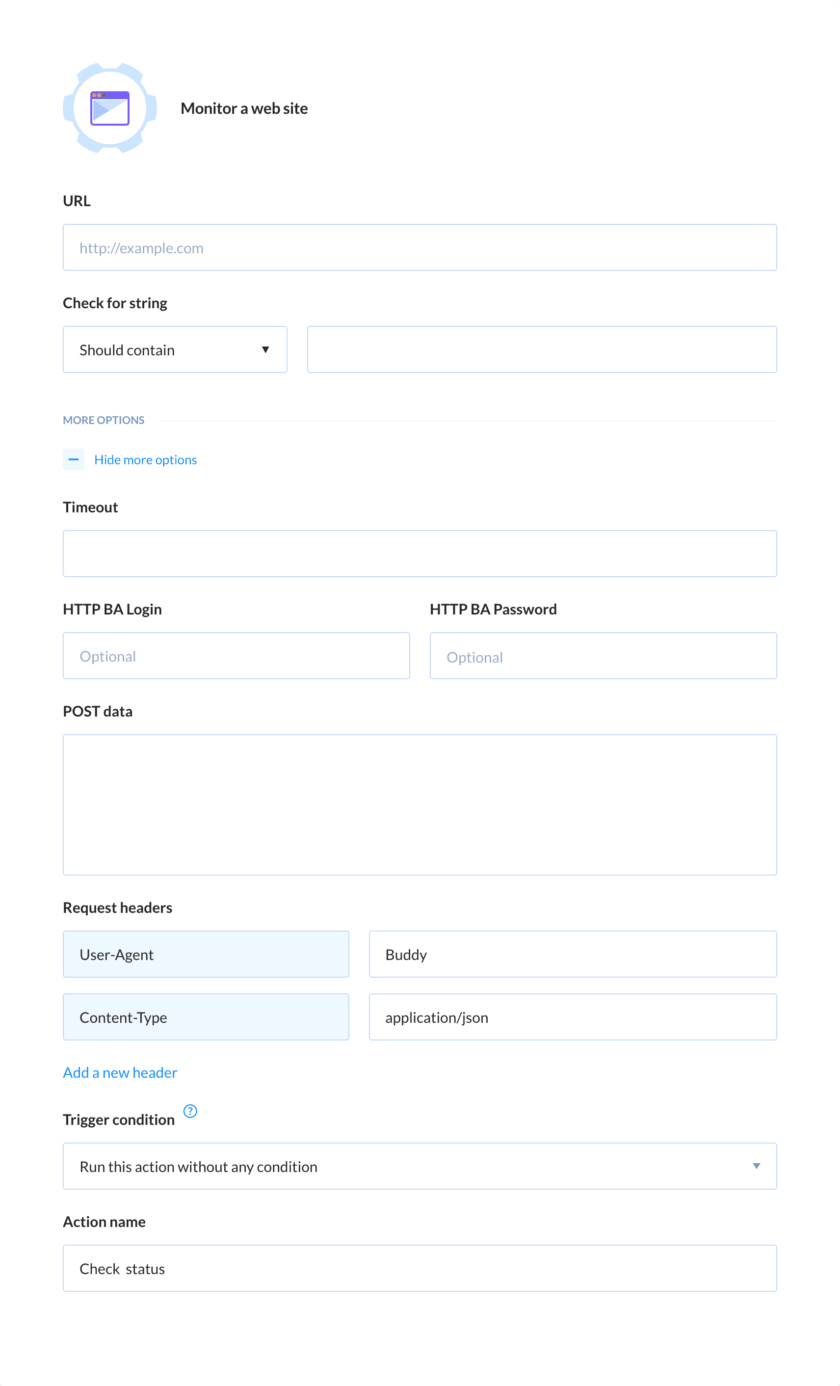 Preview Website Monitoring action, tab Setup