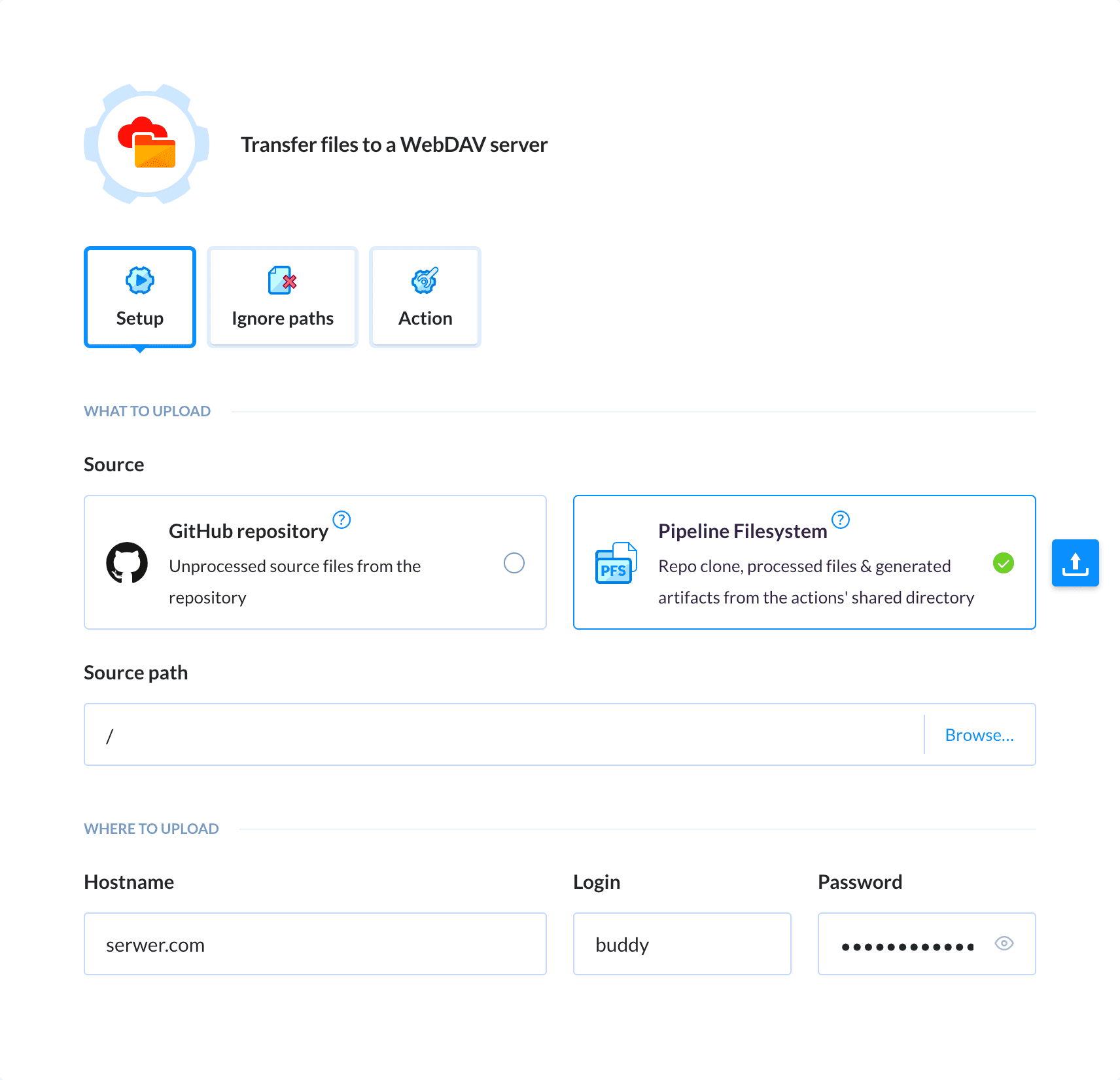 Preview WebDAV action, tab Setup