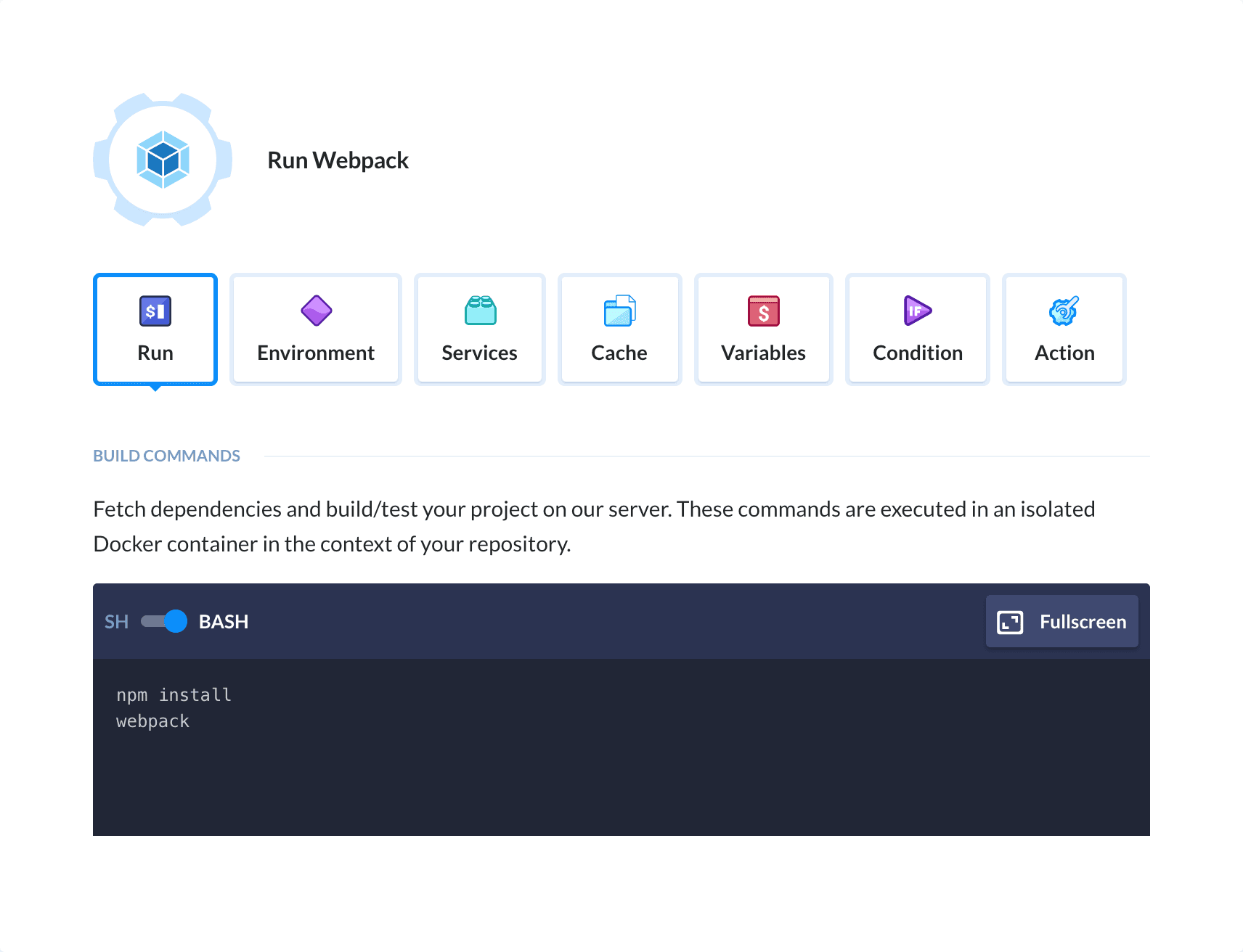 Preview Webpack action, tab Run