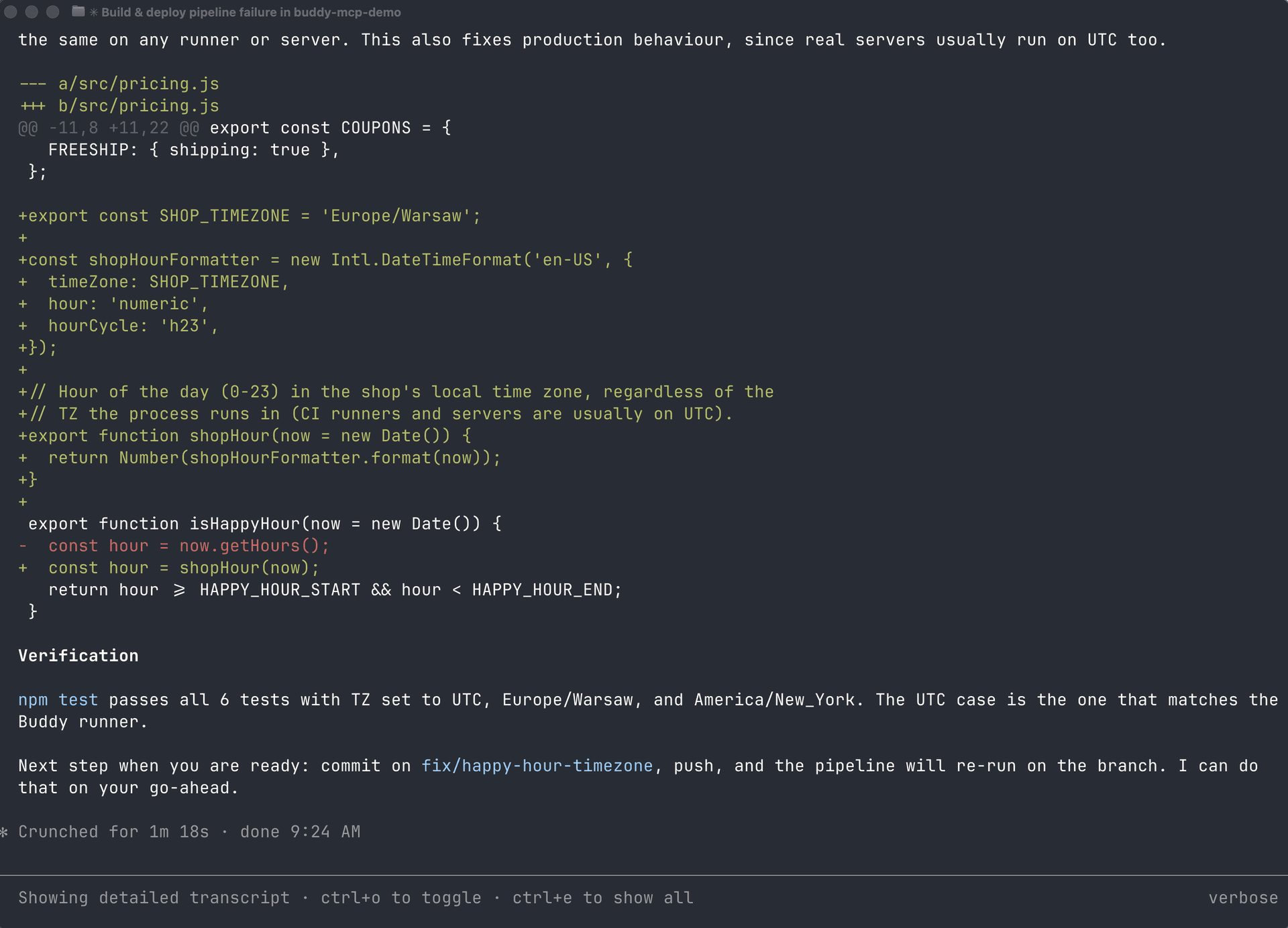 Claude Code shows the pricing.js diff and a summary of the fix