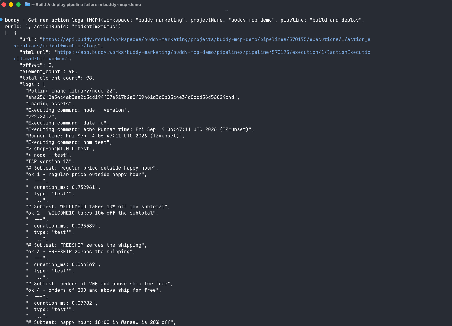 Claude Code in detailed transcript mode: the get-run-action-logs call and the beginning of the Test action log
