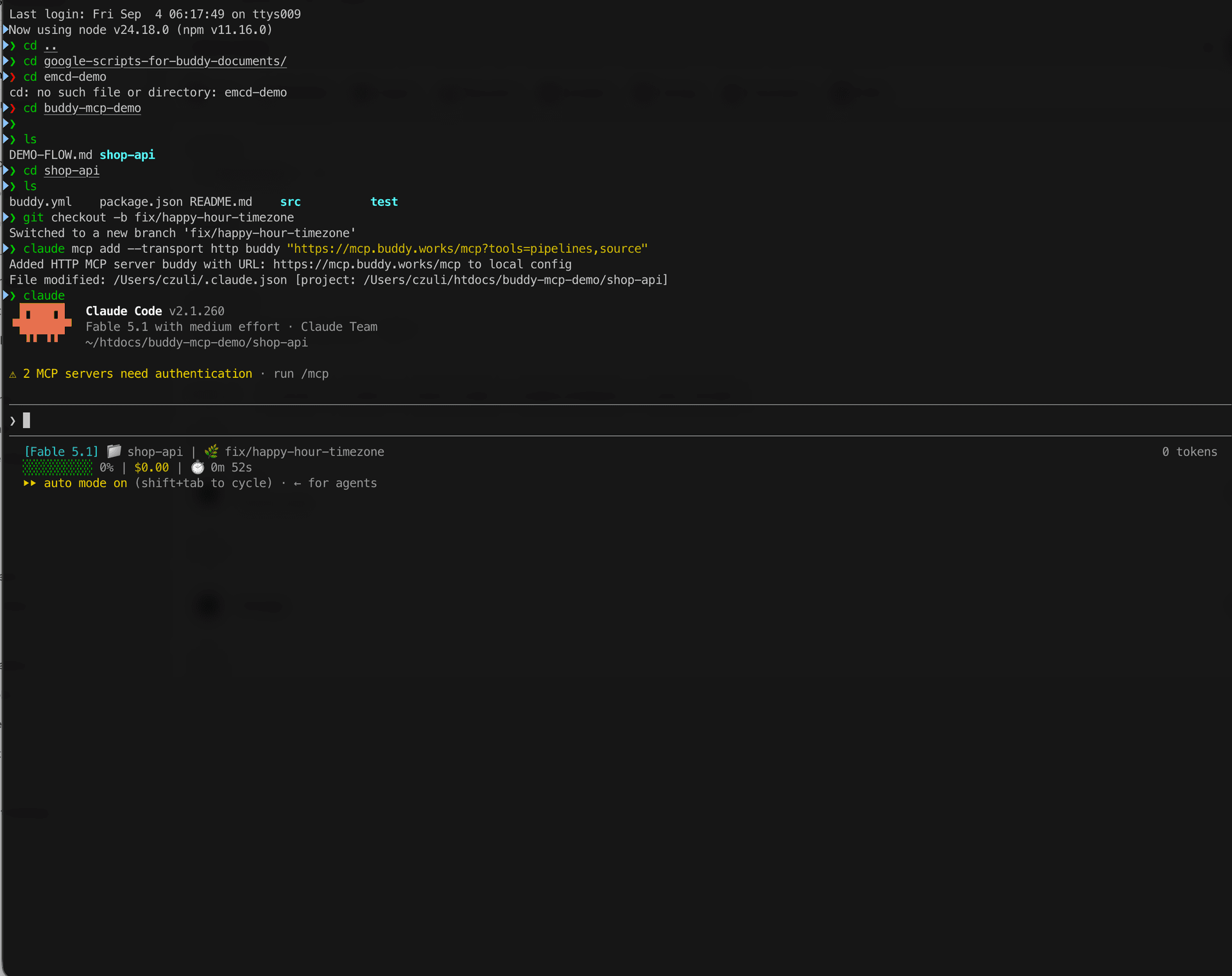 Terminal: claude mcp add and Claude Code starting with a message that the server needs authentication