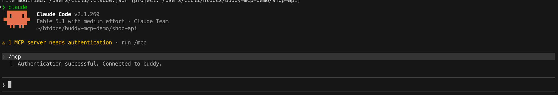 Claude Code after authorization: Authentication successful, connected to buddy