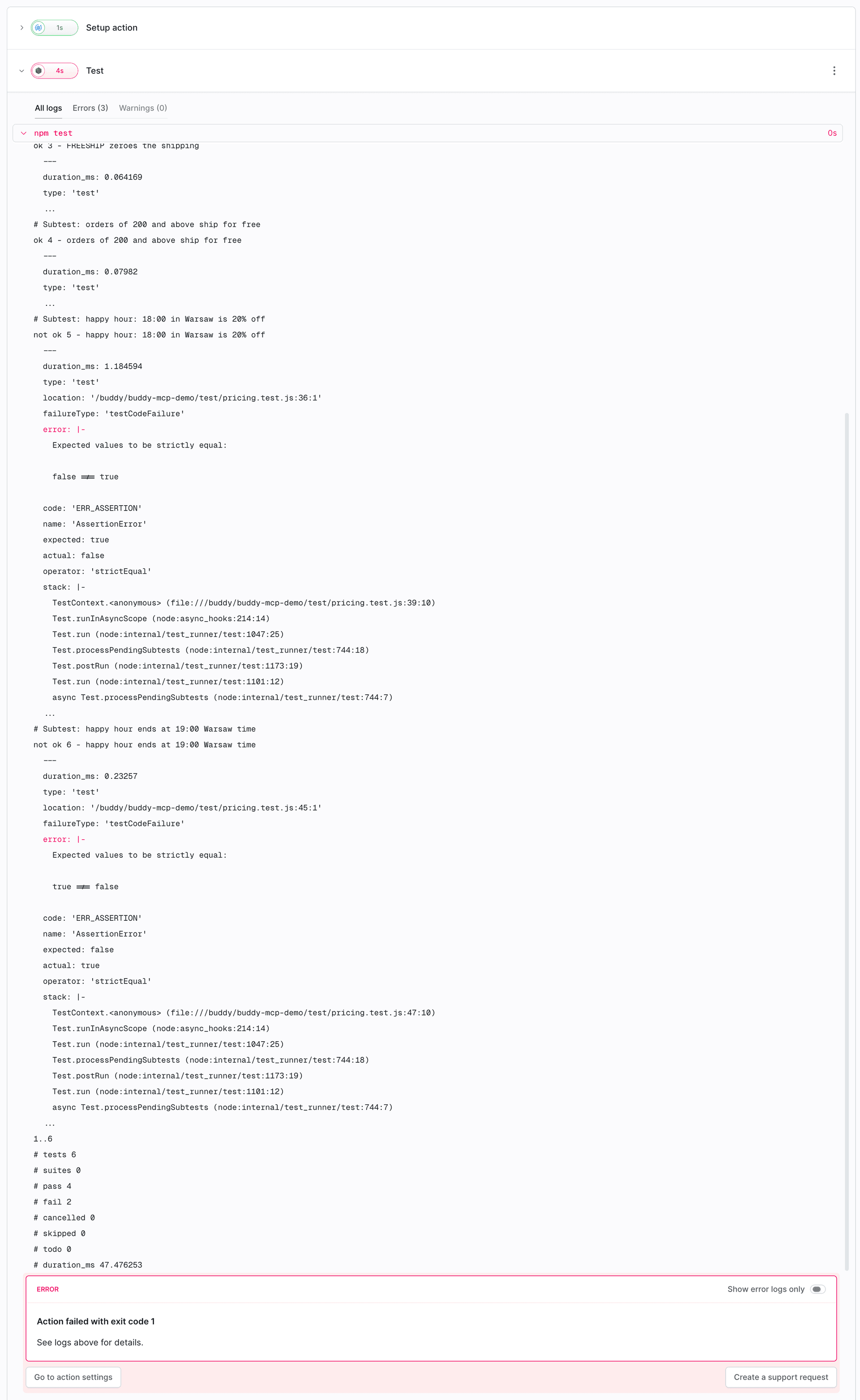 Failed execution in Buddy: the Test action is red, the log shows not ok 5 and not ok 6