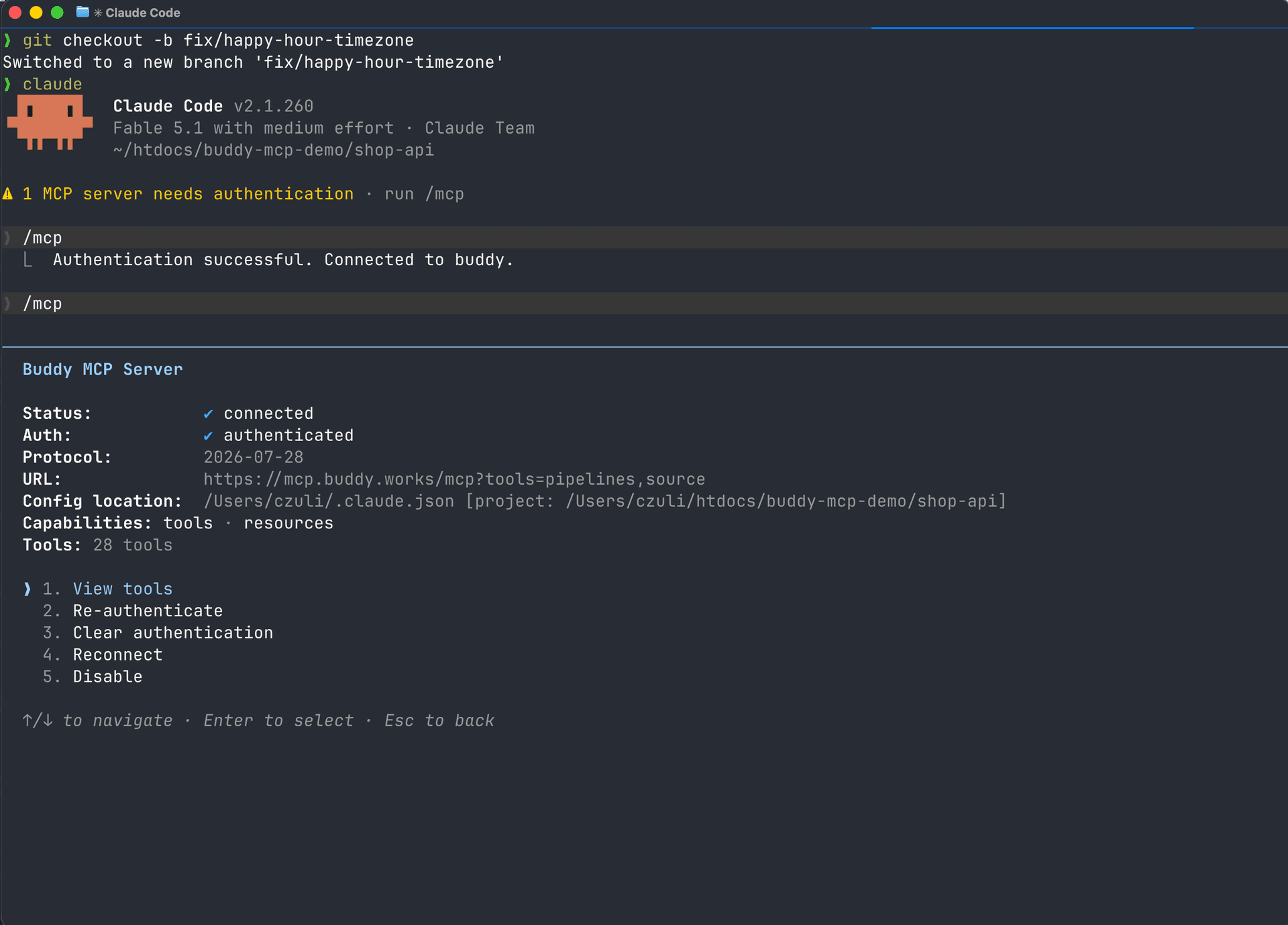 Claude Code, the /mcp screen: Buddy MCP Server connected, URL with the tools filter and 28 tools