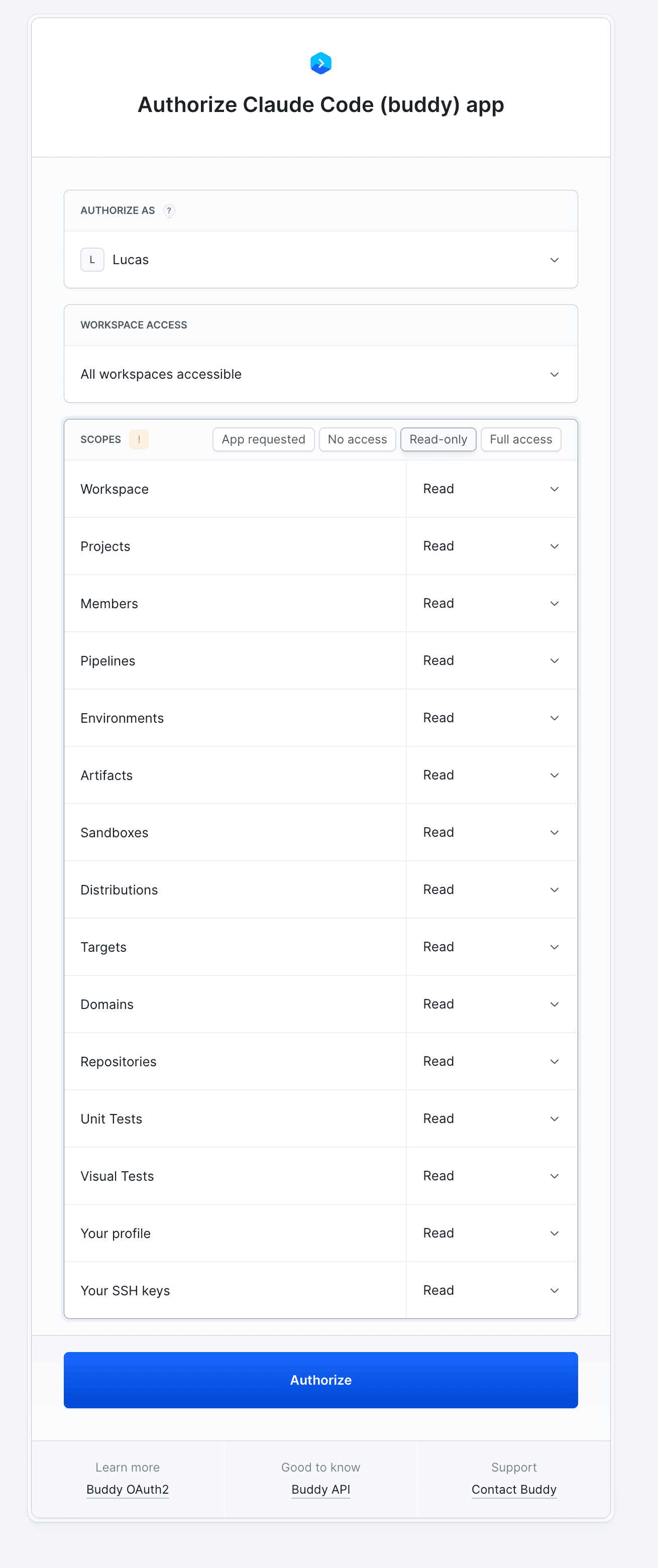 Buddy authorization screen: workspace selection and every scope set to Read