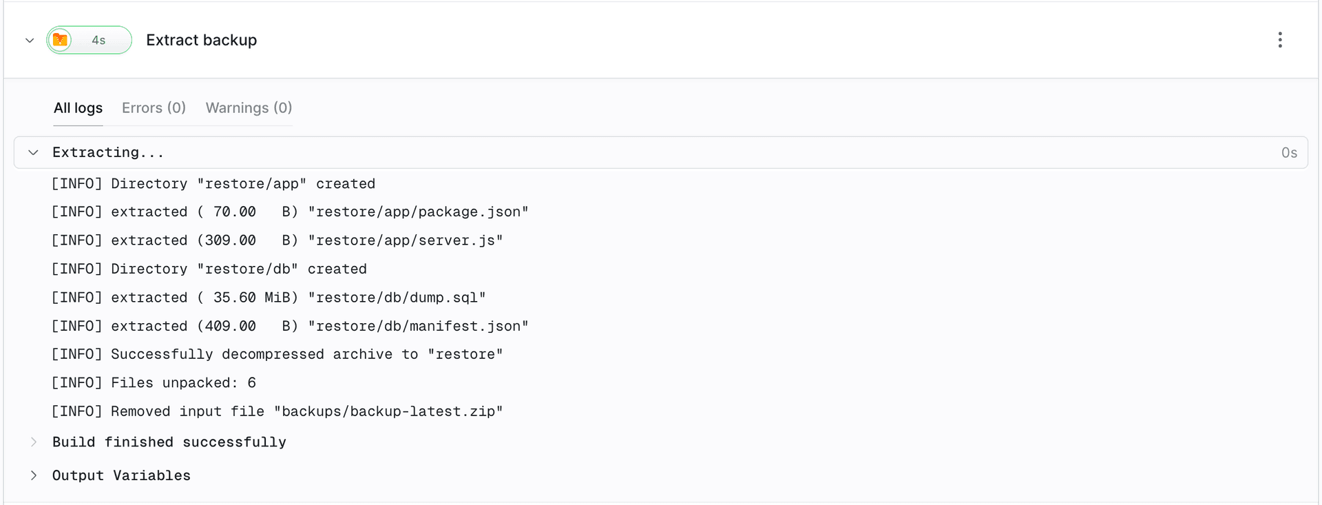 Extract action log: extracted files with sizes, dump.sql 35.60 MiB, Files unpacked: 6, backup-latest.zip deleted