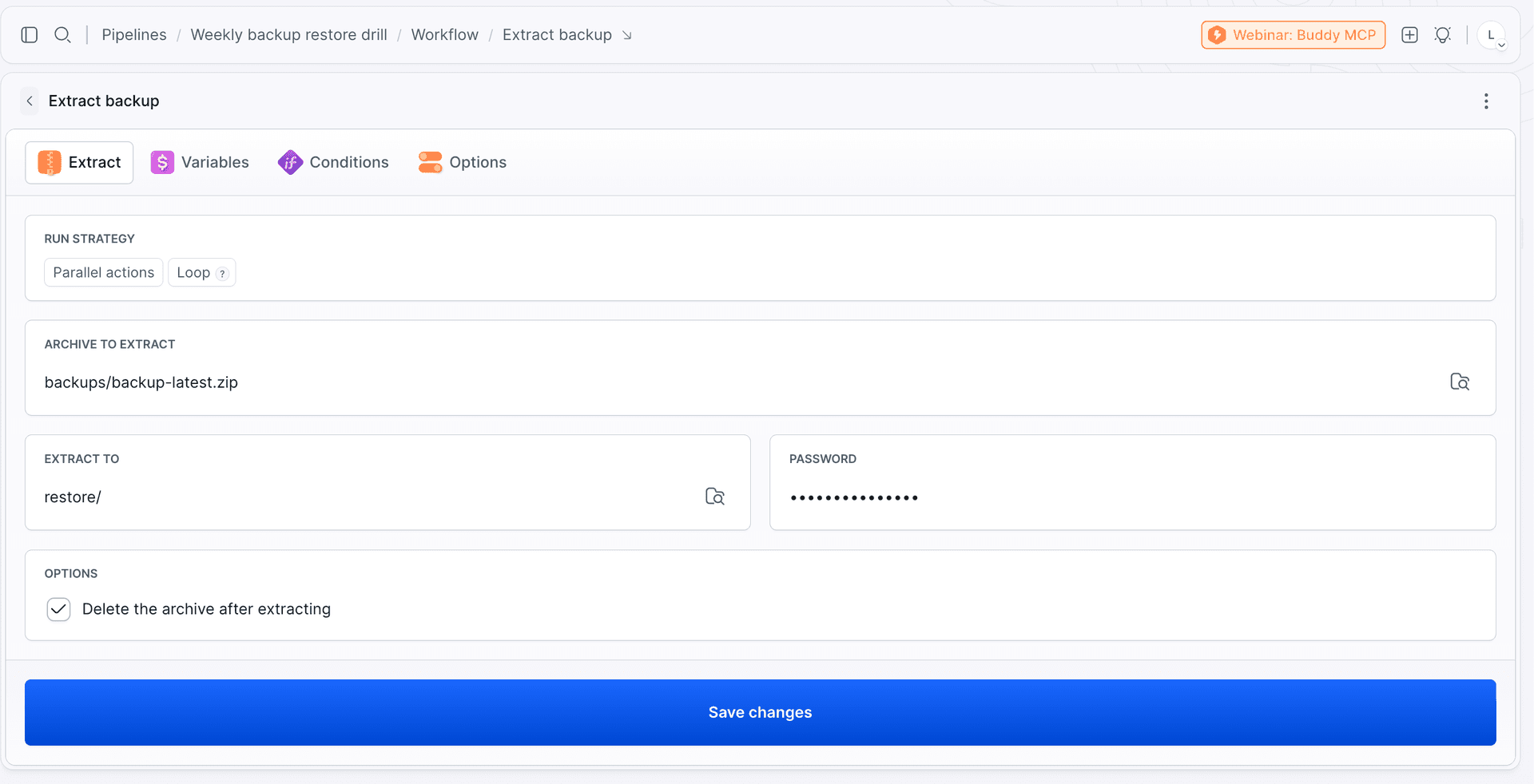 Extract action settings in Buddy: archive, destination directory, password, and the delete archive option