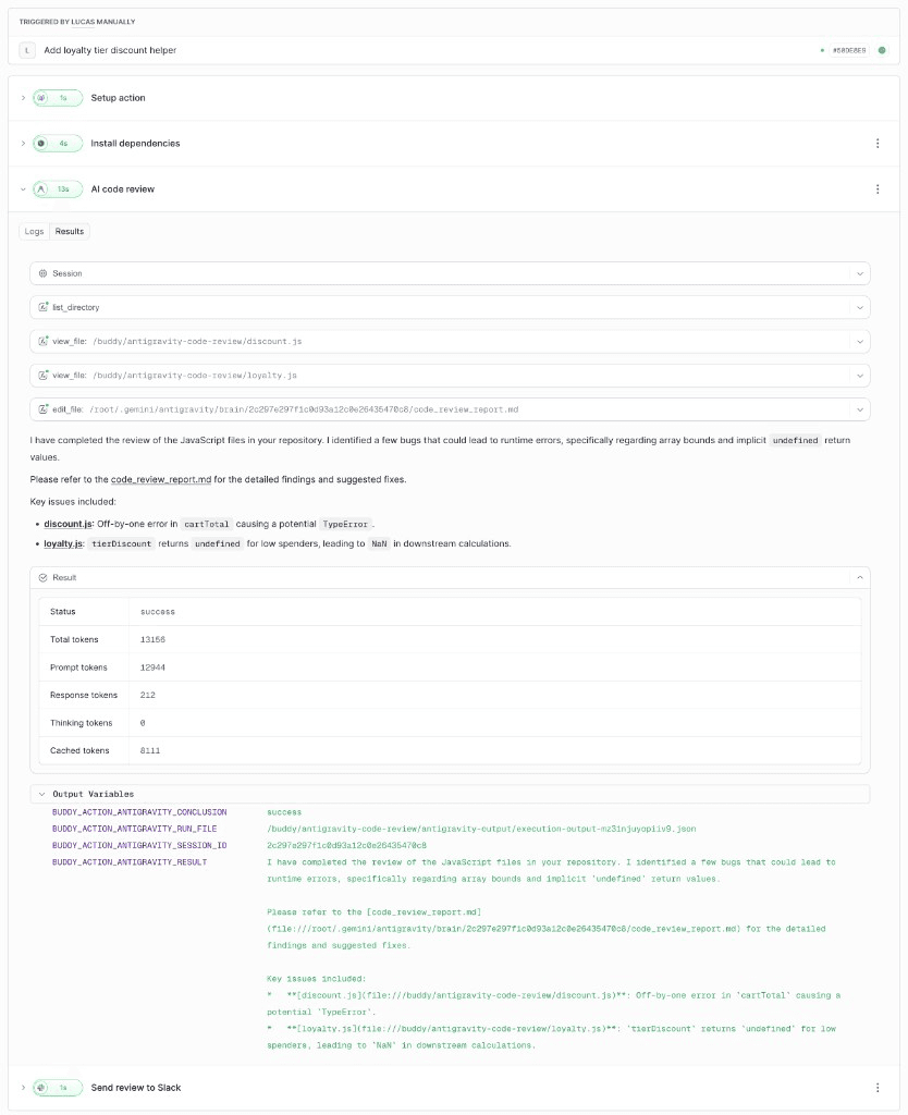 The Antigravity action run in Buddy showing the agent exploring the repo and reporting the off-by-one bug in cartTotal, with the review exposed as output variables
