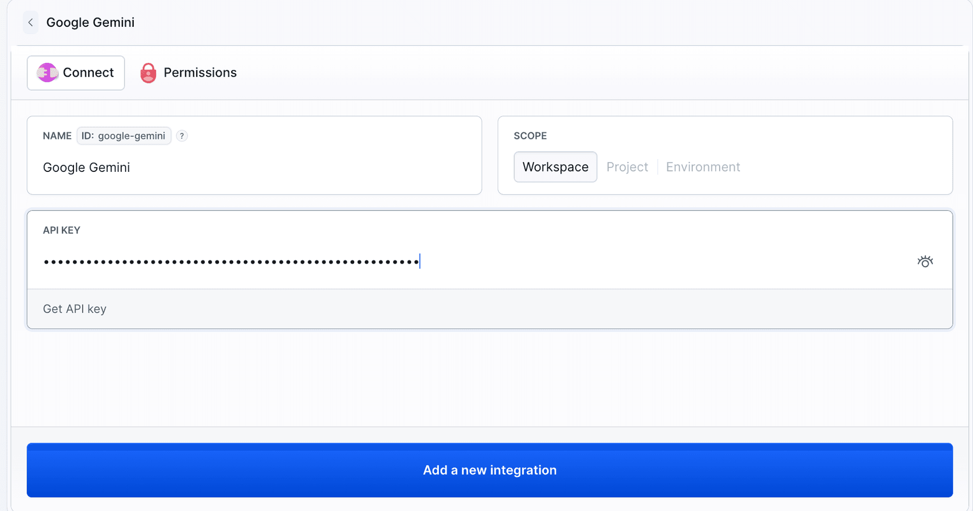 The Google Gemini integration configuration in Buddy with API key authorization