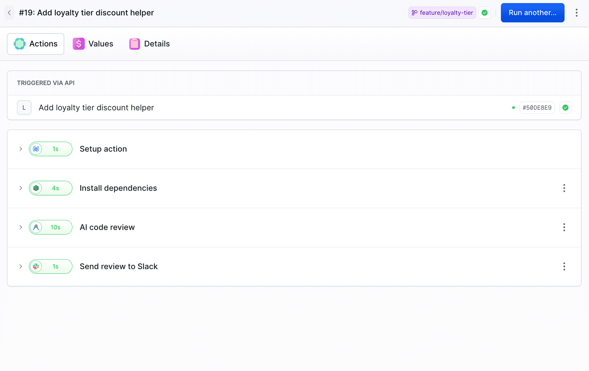 The Antigravity Code Review pipeline in Buddy running on the feature branch, with the Setup, Install dependencies, AI code review, and Send review to Slack actions all green