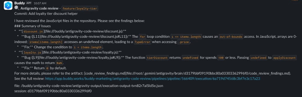 A Slack message from the Buddy app with the Antigravity code review summary for the feature branch, listing the bugs found in discount.js and loyalty.js