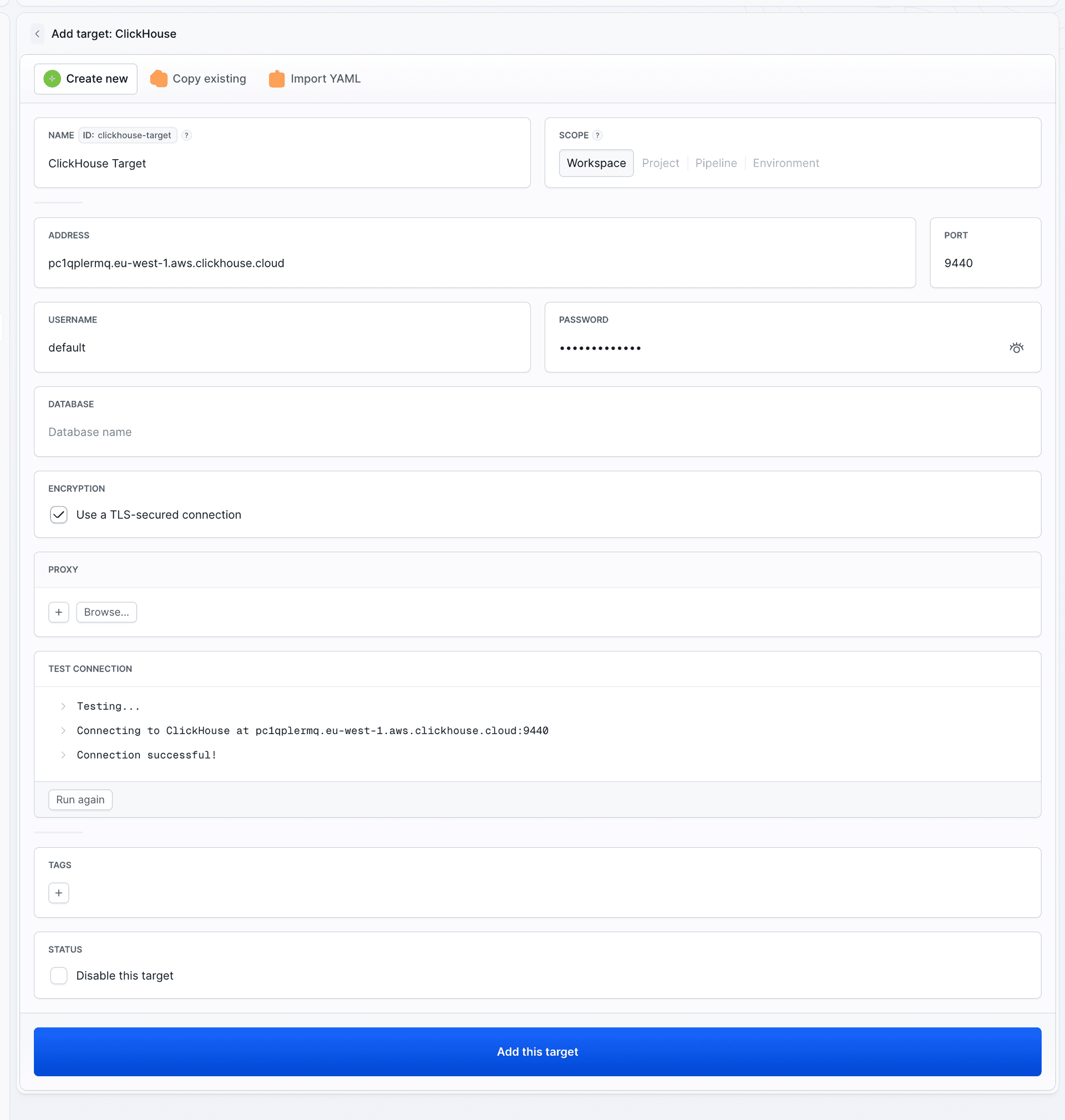Adding a ClickHouse target in Buddy with a successful connection test