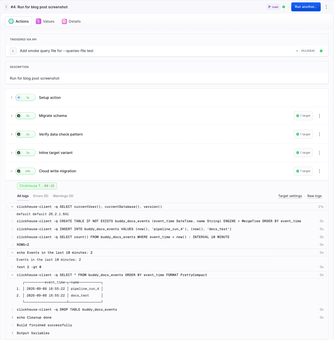 Buddy run log: ClickHouse migration and data check against ClickHouse Cloud