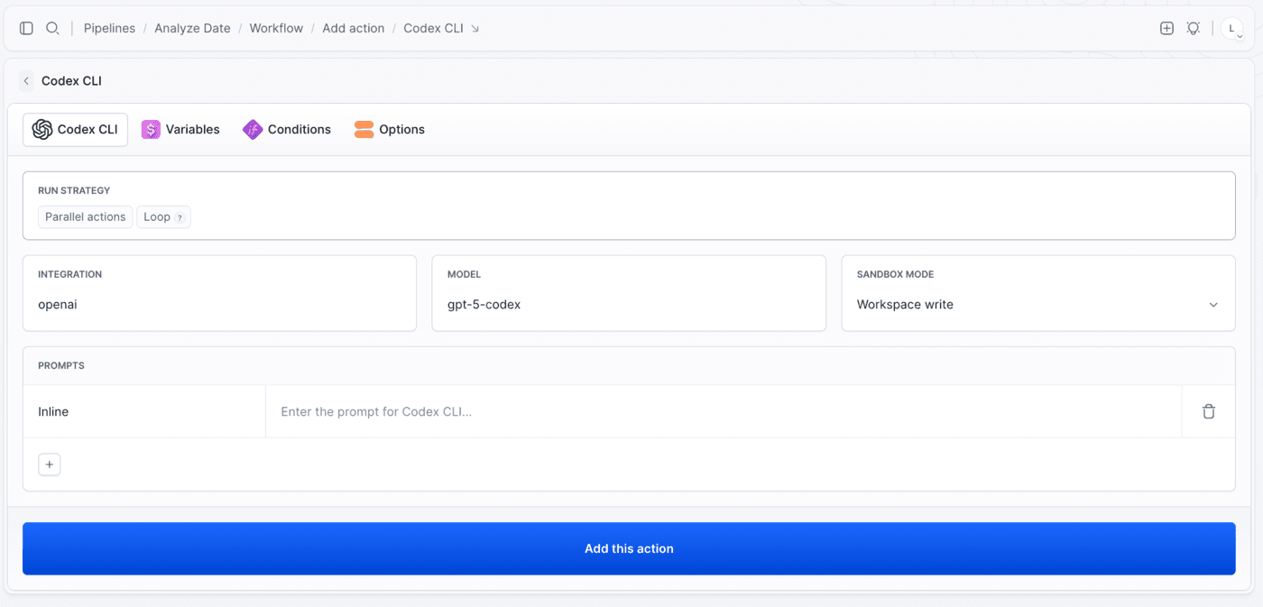 The Codex CLI action configuration in Buddy with the integration, model, and sandbox mode