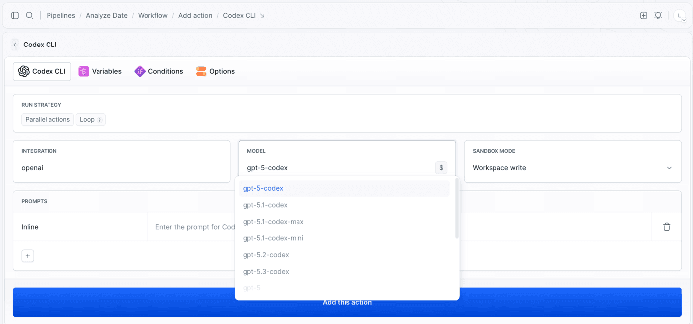 The model dropdown in the Codex CLI action listing the available Codex models