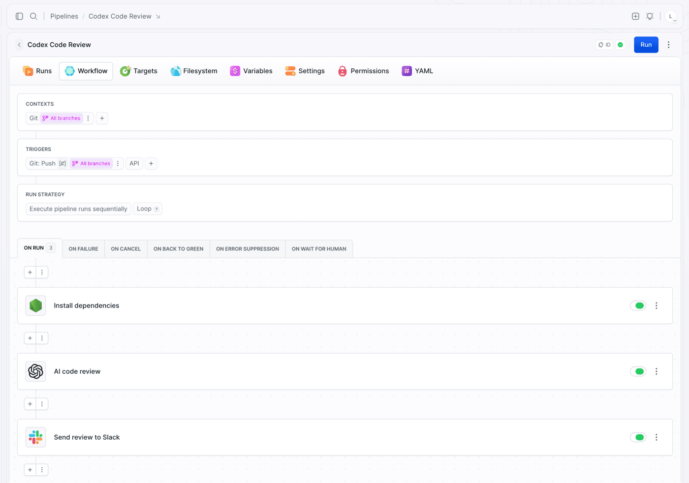 A pipeline with three actions: install dependencies, AI code review on Codex CLI, and a Slack notification