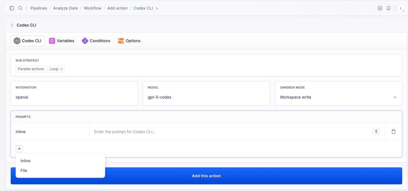Adding an inline or file prompt to the Codex CLI action