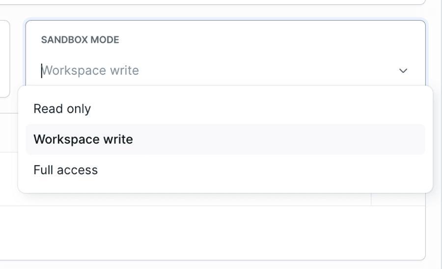 The sandbox mode dropdown with read only, workspace write, and full access