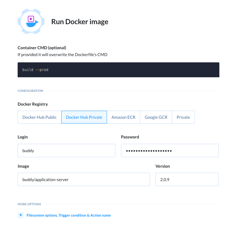 'Run Docker image' action details