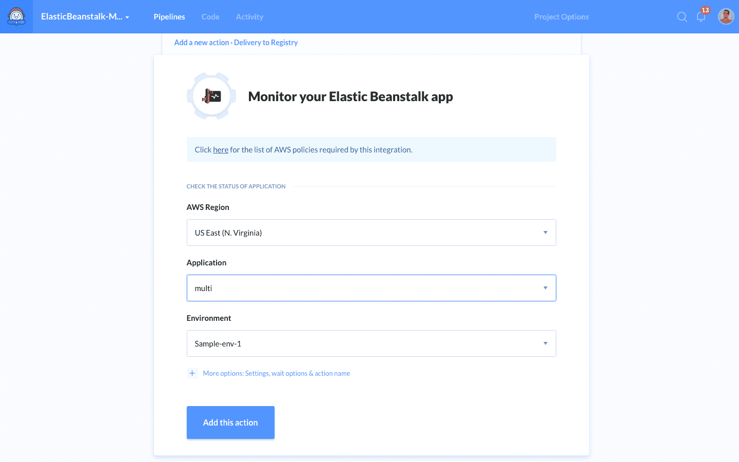 Adding Elastic Beanstalk action