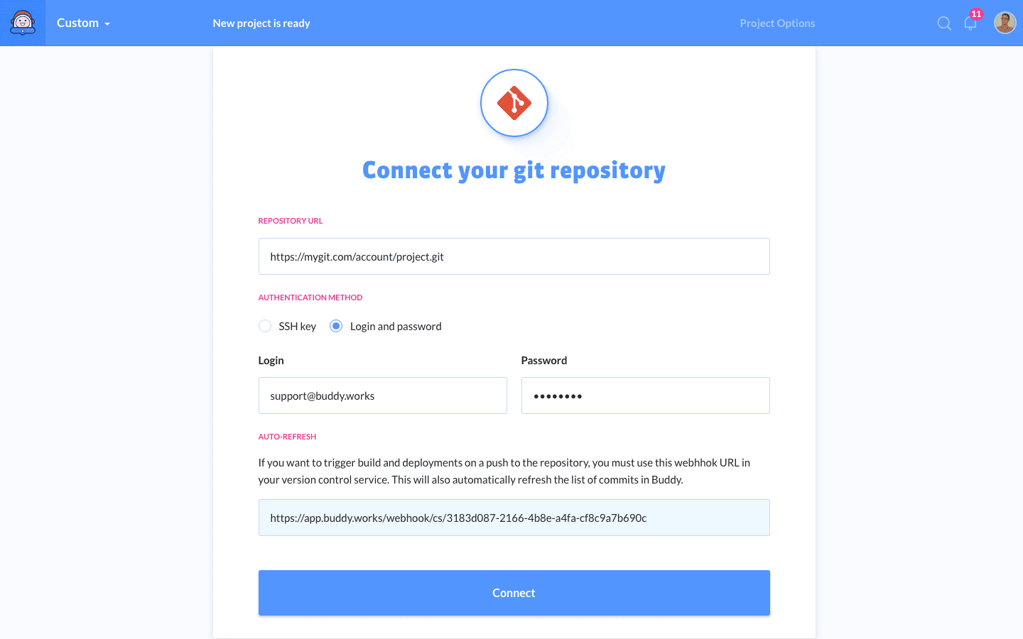 Private repo configuration screen