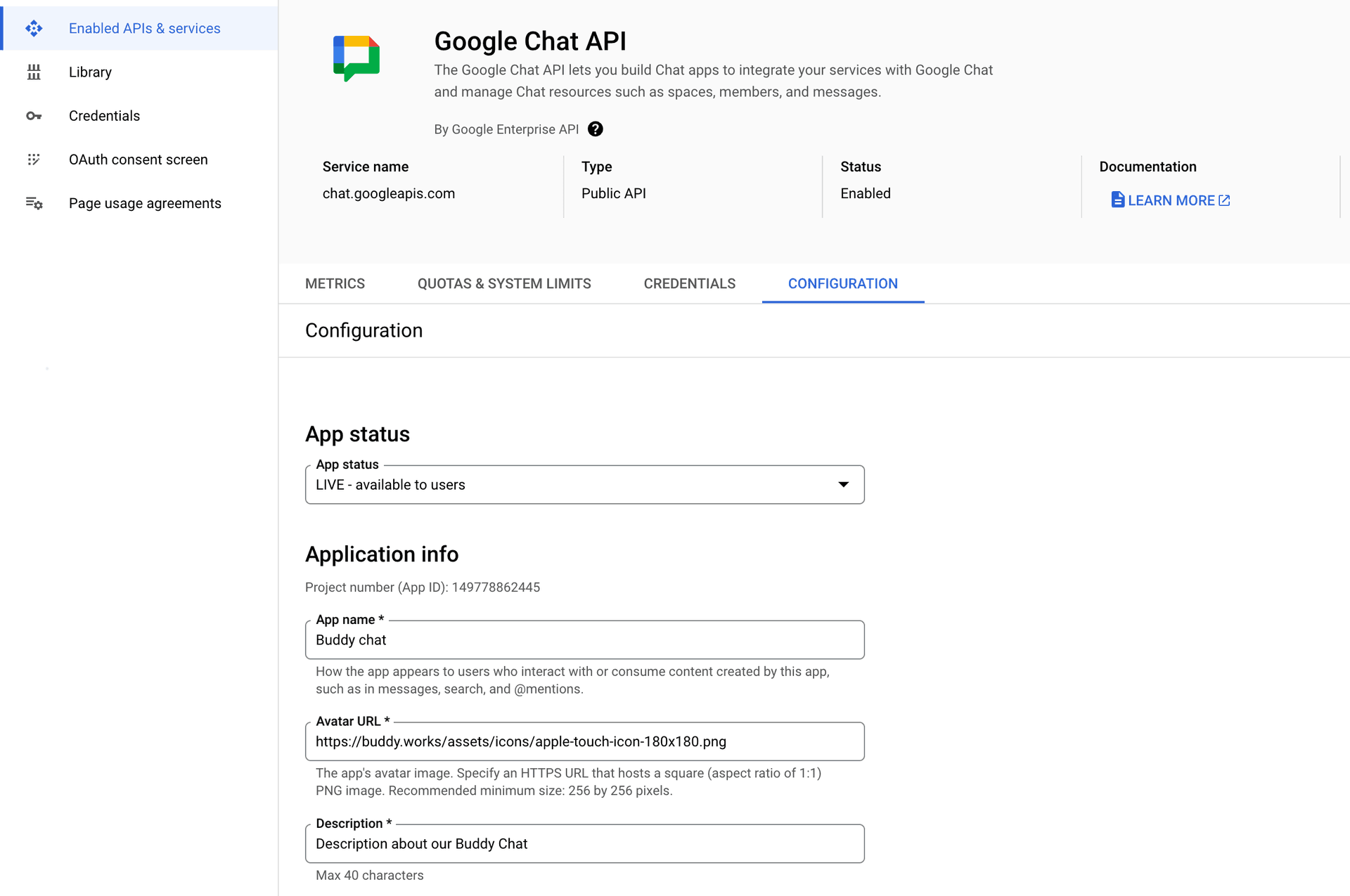 Google Chat API configuration