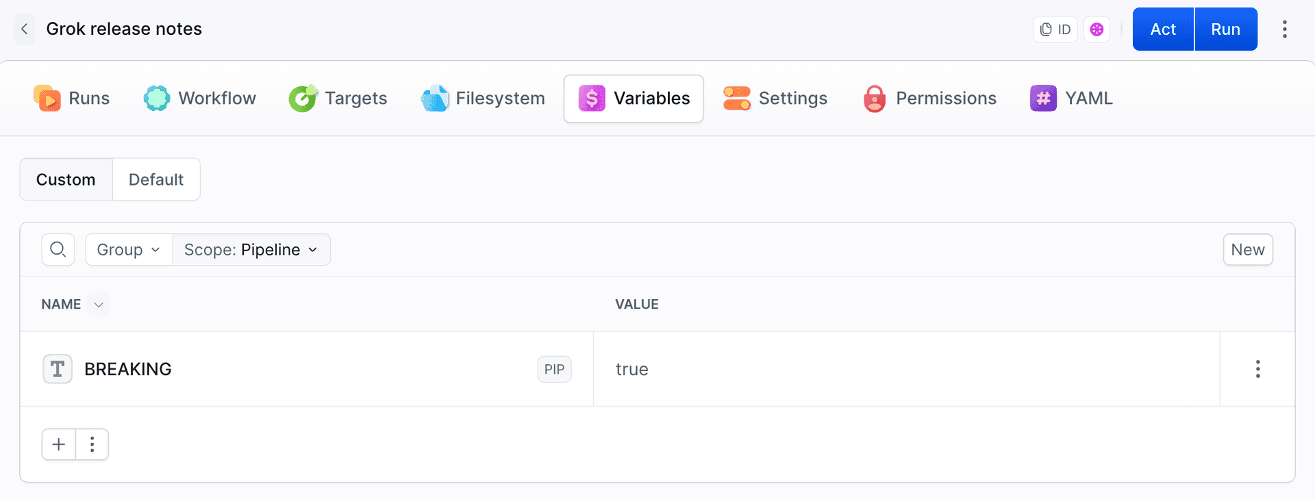 Pipeline Variables tab: BREAKING set to true after a run with a breaking change