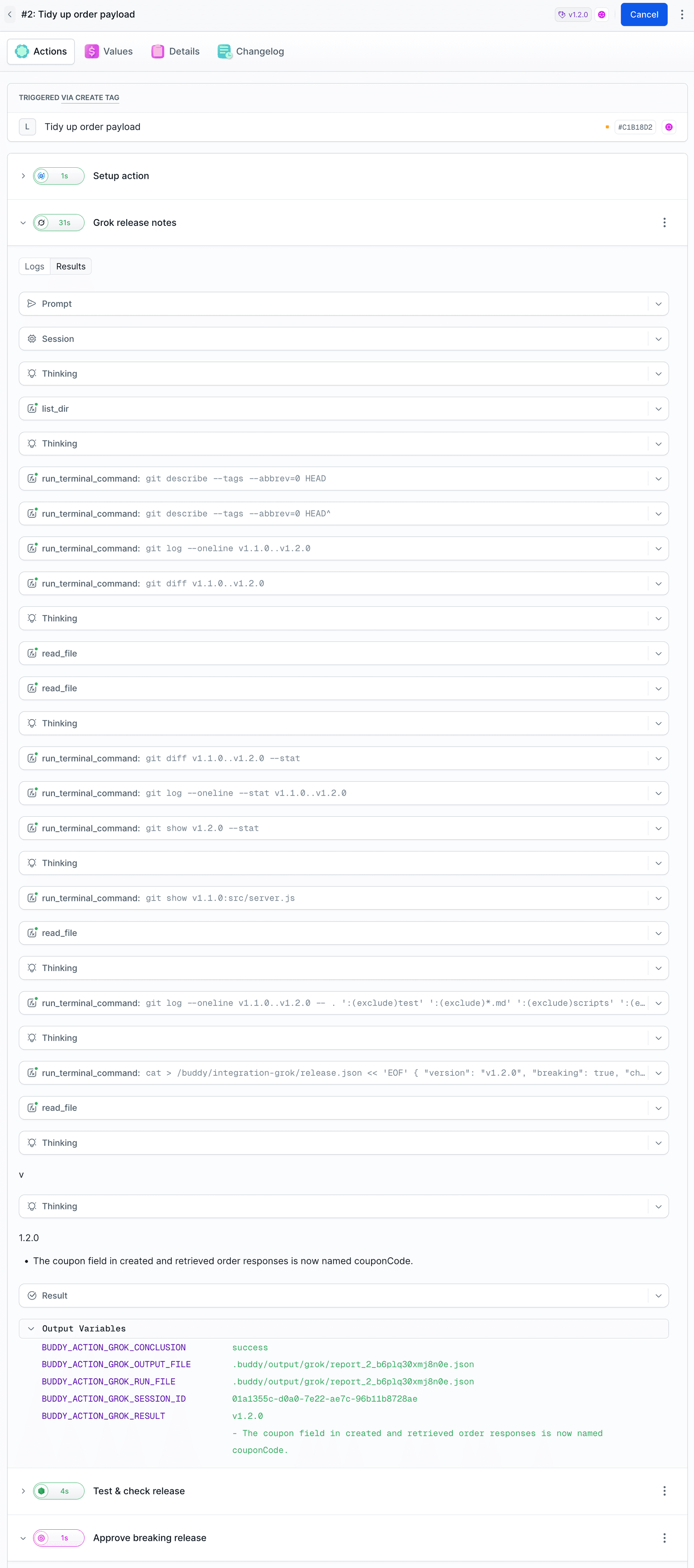 Grok action Results tab: git describe, git log, git diff, git show v1.1.0:src/server.js and writing release.json