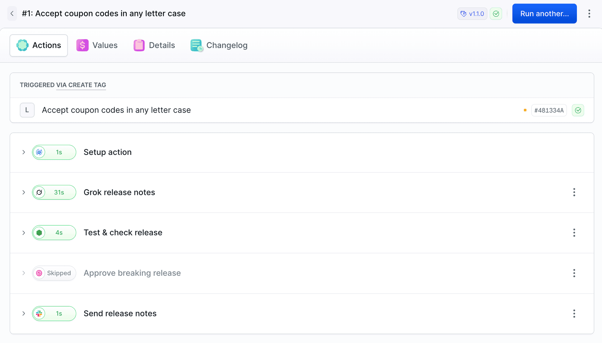 Run #1 for tag v1.1.0: Grok release notes 31 s, Test & check release 4 s, Approve breaking release skipped, Send release notes sent