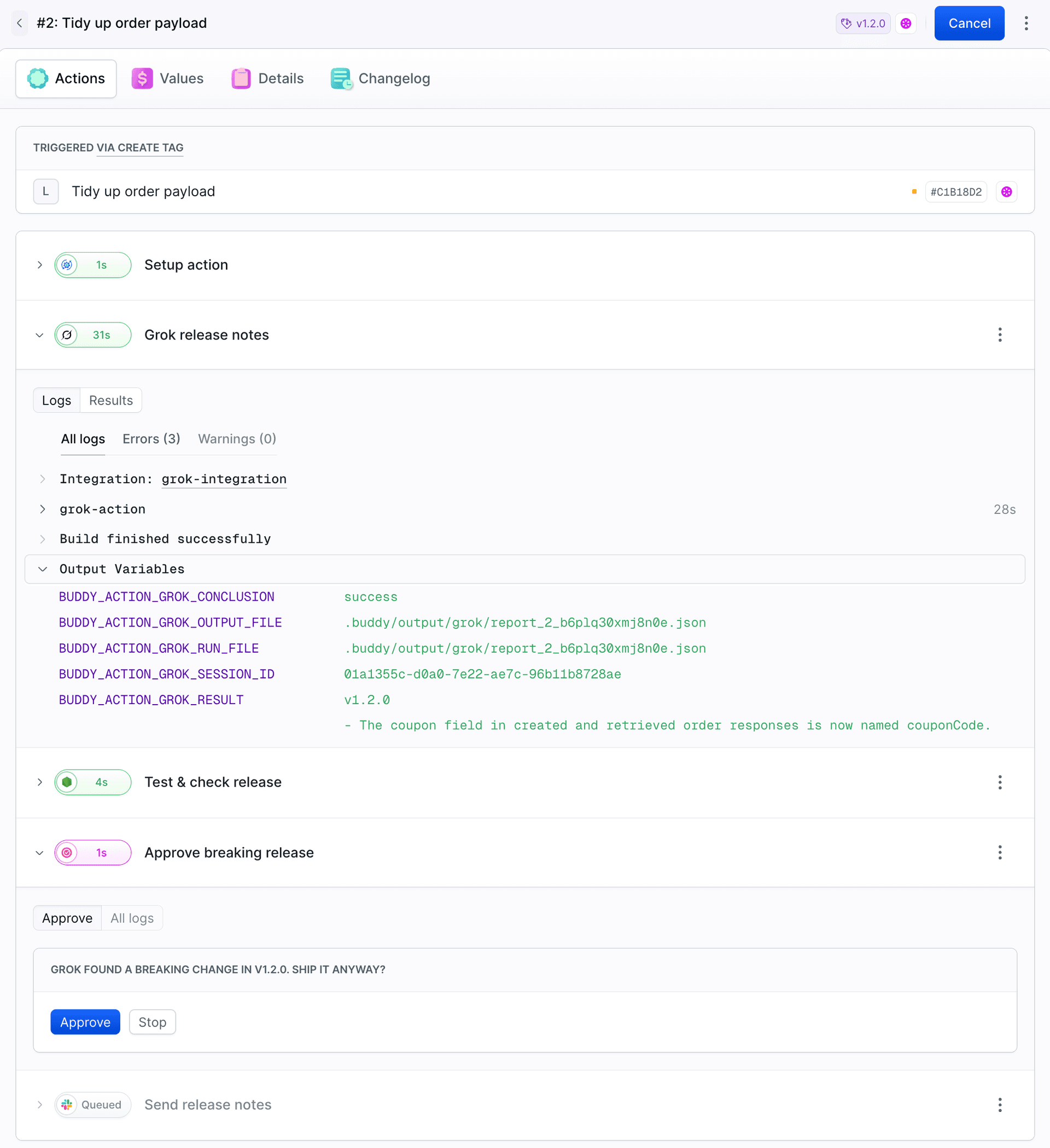 Run #2 for tag v1.2.0: Grok output variables mentioning the couponCode field and the Approve breaking release action with Approve and Stop buttons