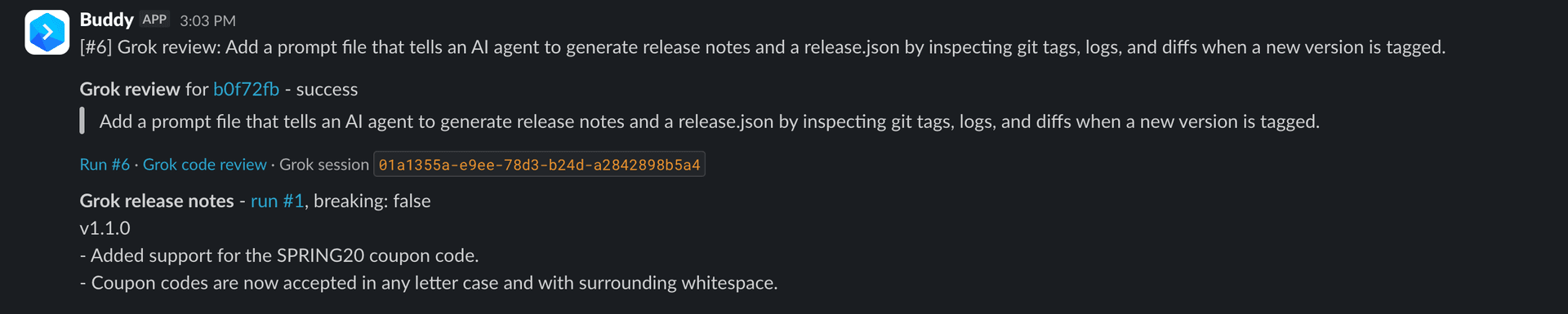 Slack message with v1.1.0 release notes: breaking false, SPRING20 coupon and case-insensitive coupon codes