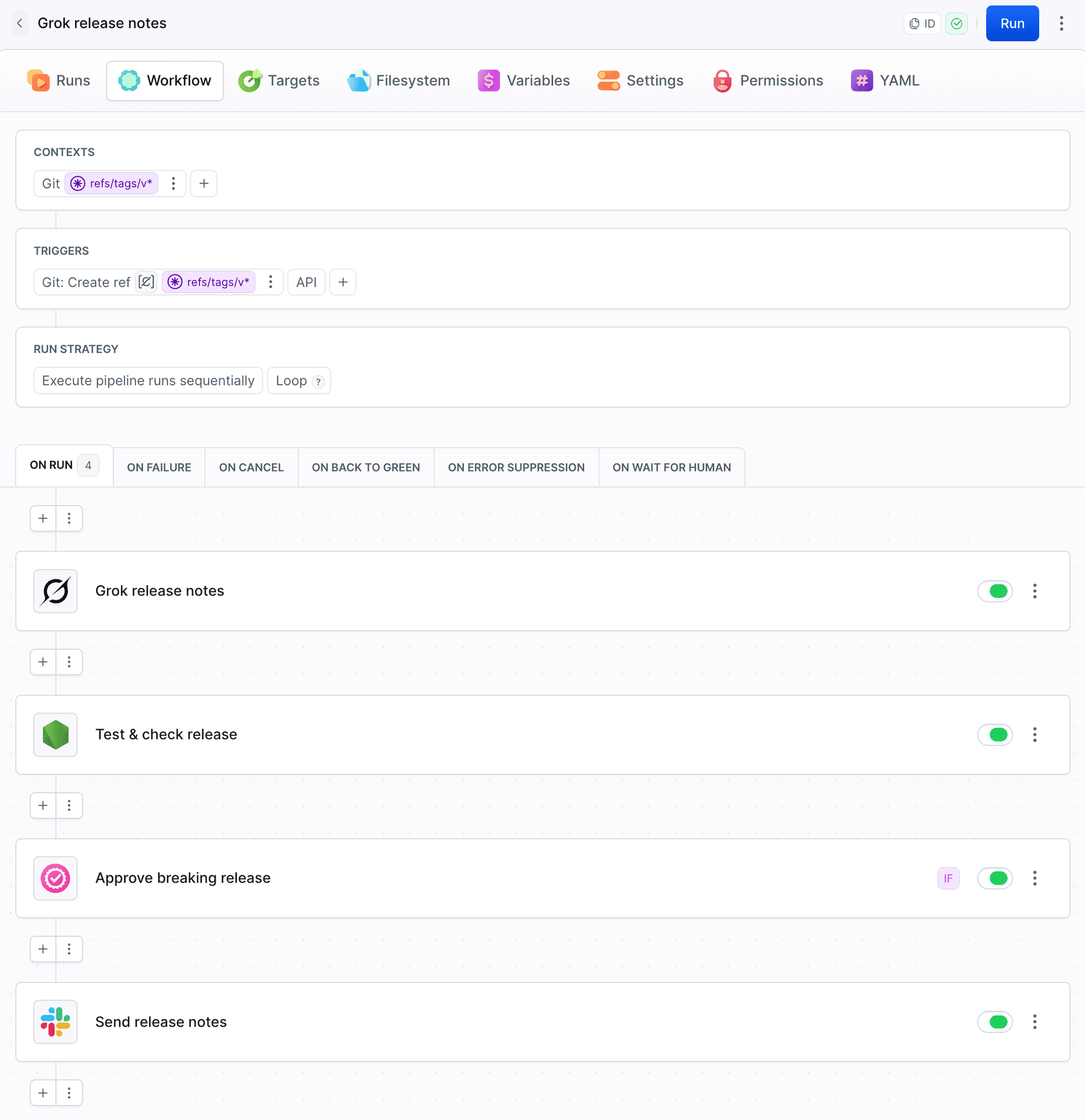 Grok release notes pipeline in Buddy: refs/tags/v* trigger, Grok release notes, Test & check release, Approve breaking release with an IF condition and Send release notes