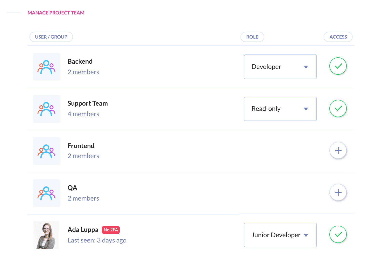 Groups on the Project Team view