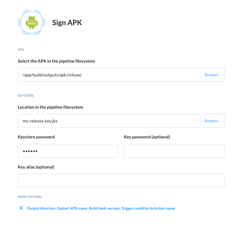 Sign APK action details