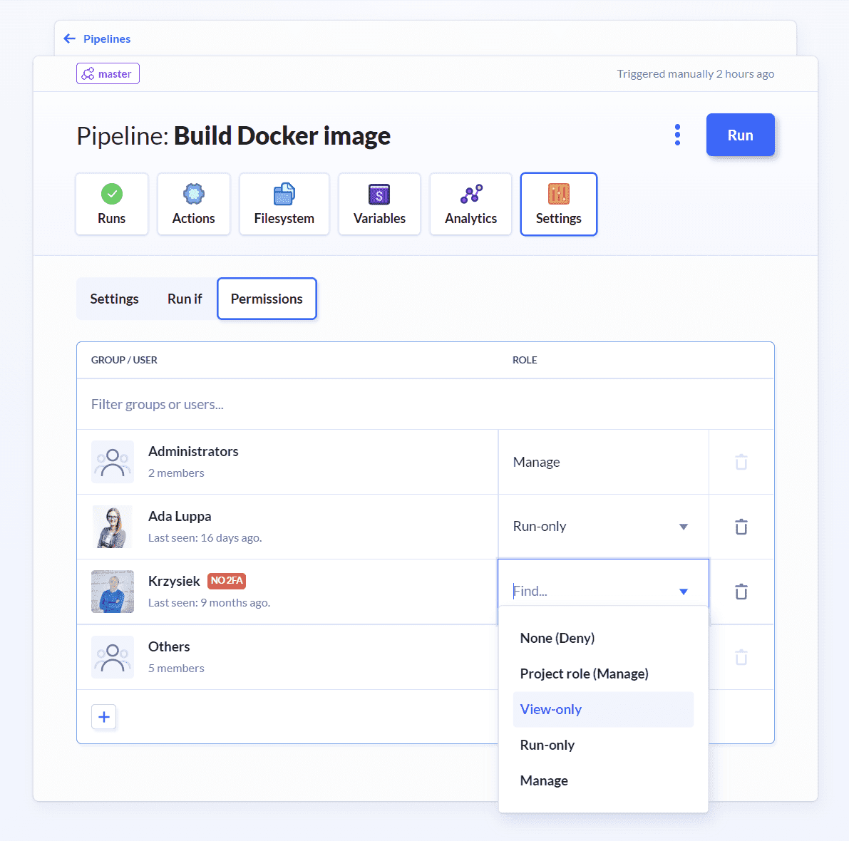 Permissions in pipeline settings